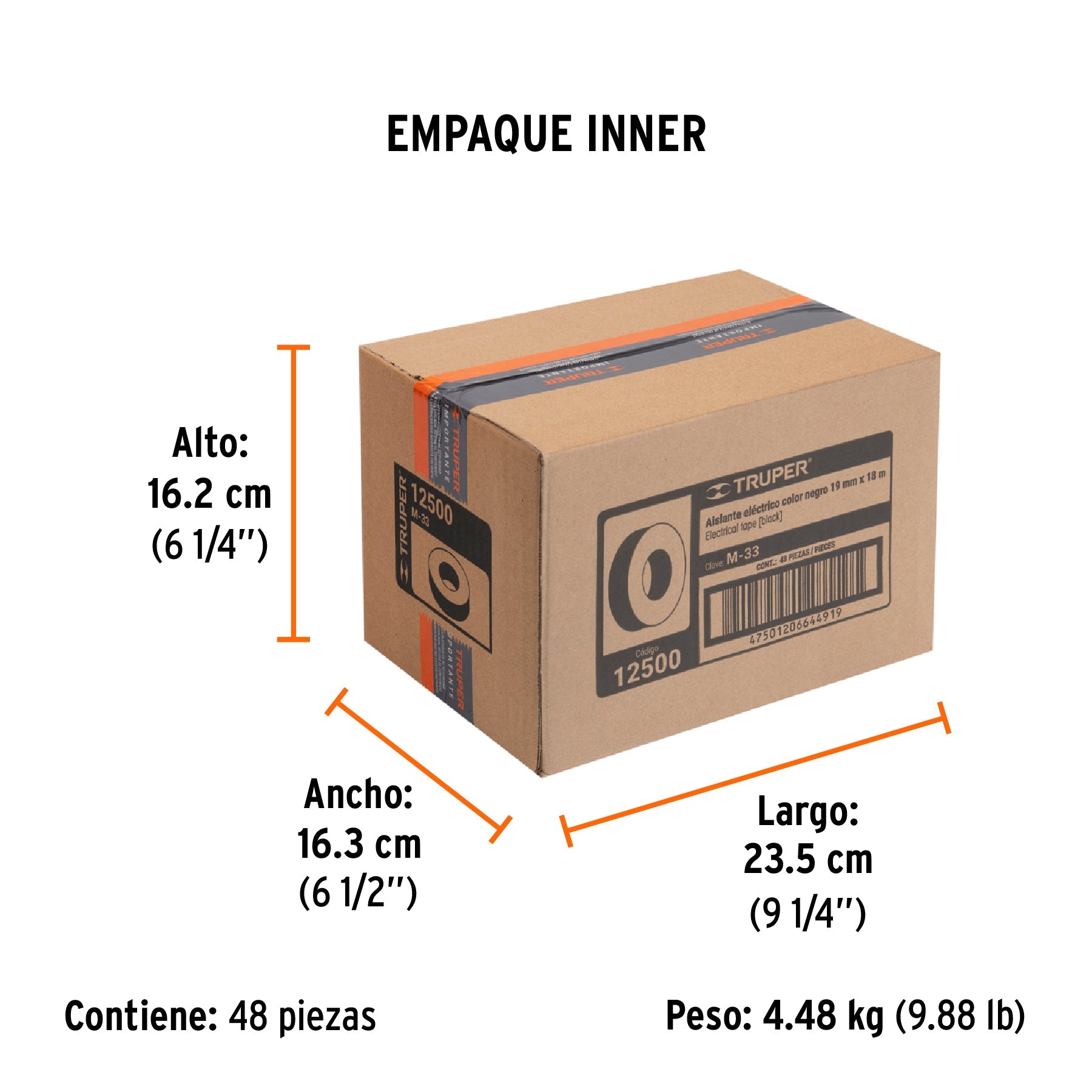 Cinta de aislar de 18 m x 19 mm, negra, TRUPER - Empaque