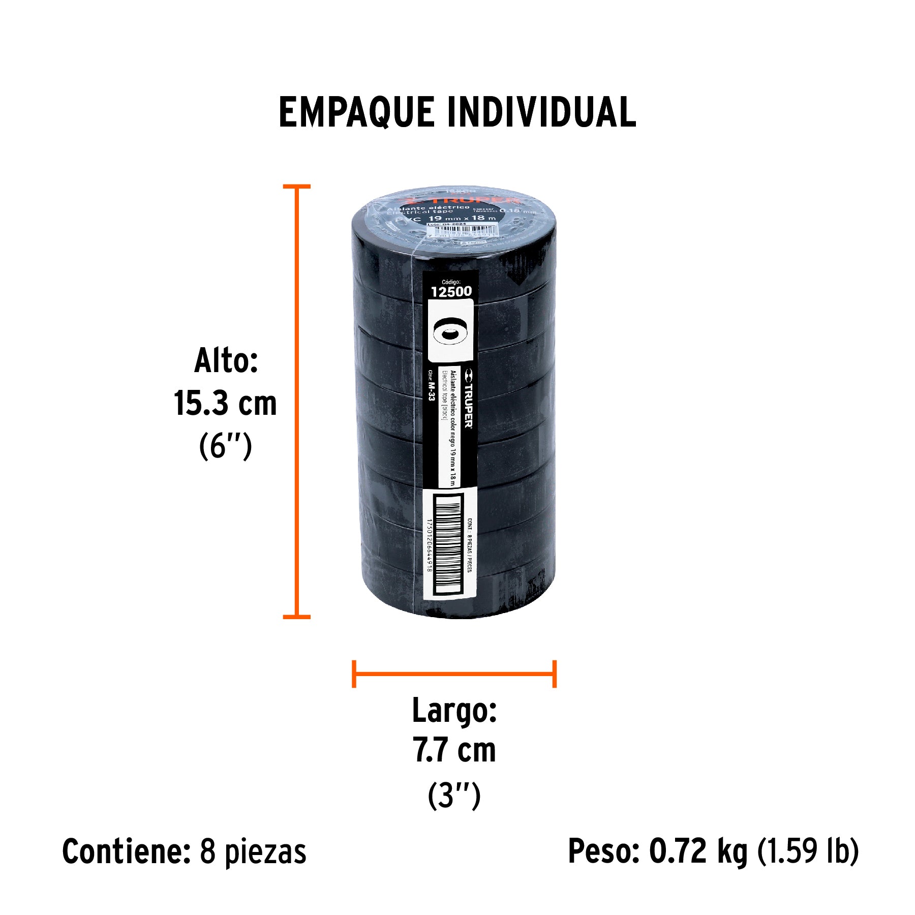 Cinta de aislar de 18 m x 19 mm, negra, TRUPER - Empaque