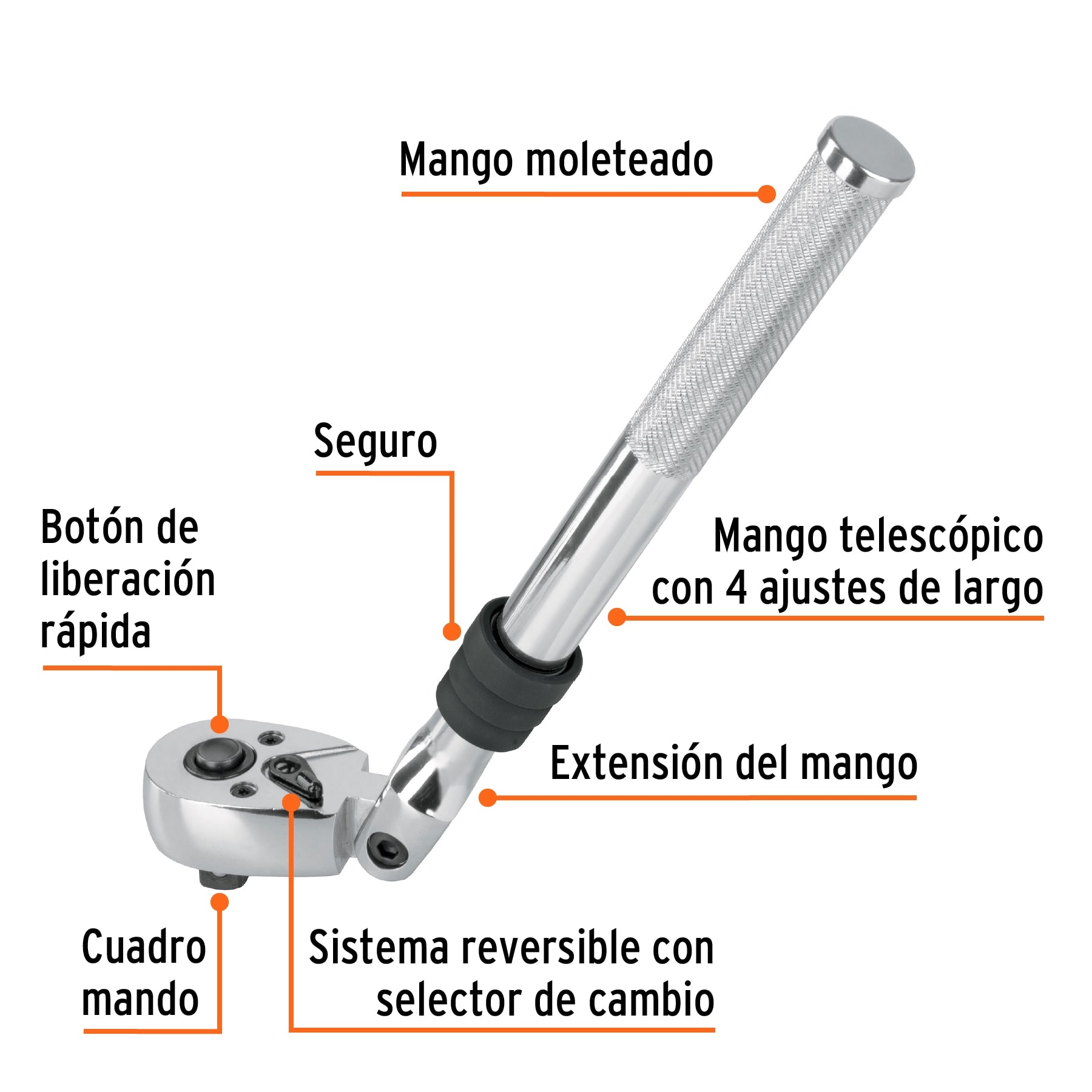 Matraca cuadro 3/8" telescópica de 14" con cabeza articulada