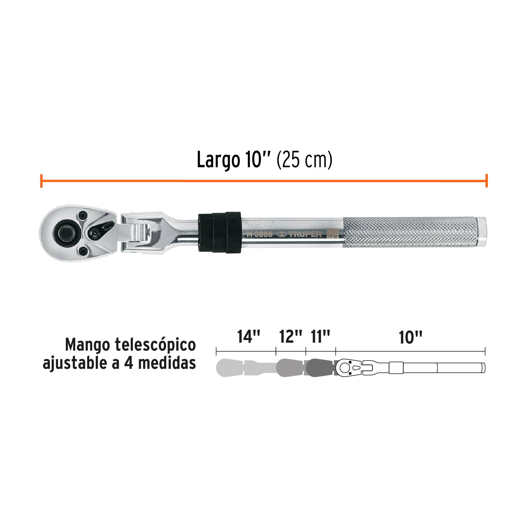 Matraca cuadro 3/8" telescópica de 14" con cabeza articulada