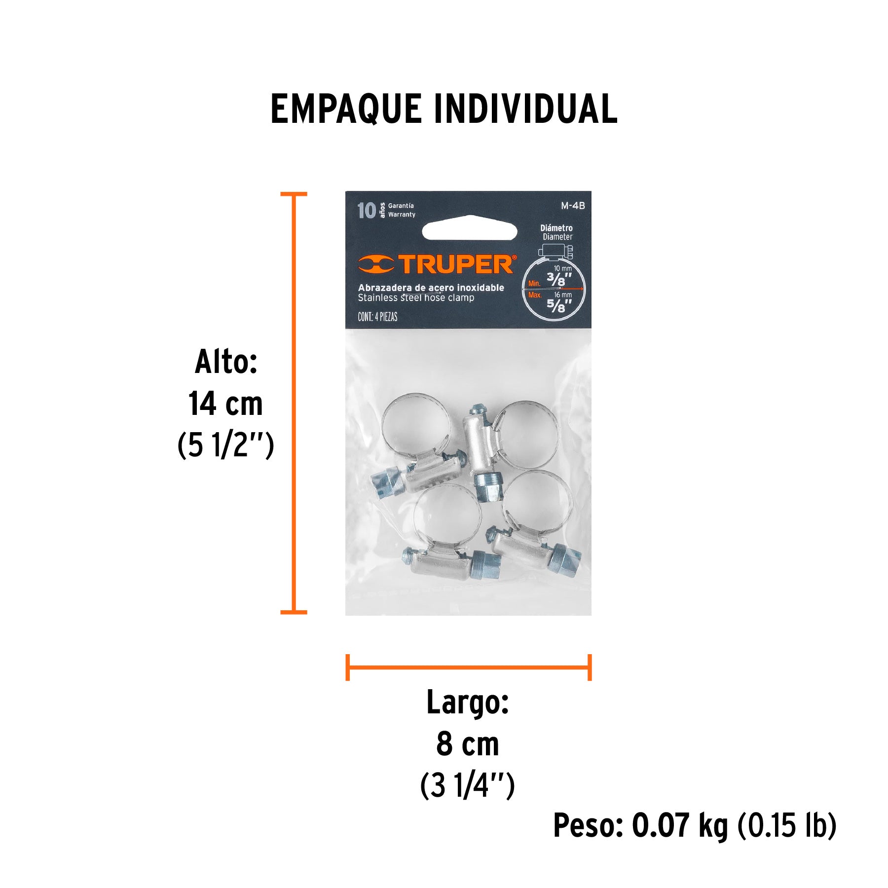 Bolsa c/4 abrazaderas sin fin 4, 3/8 - 5/8", TRUPER - Empaque