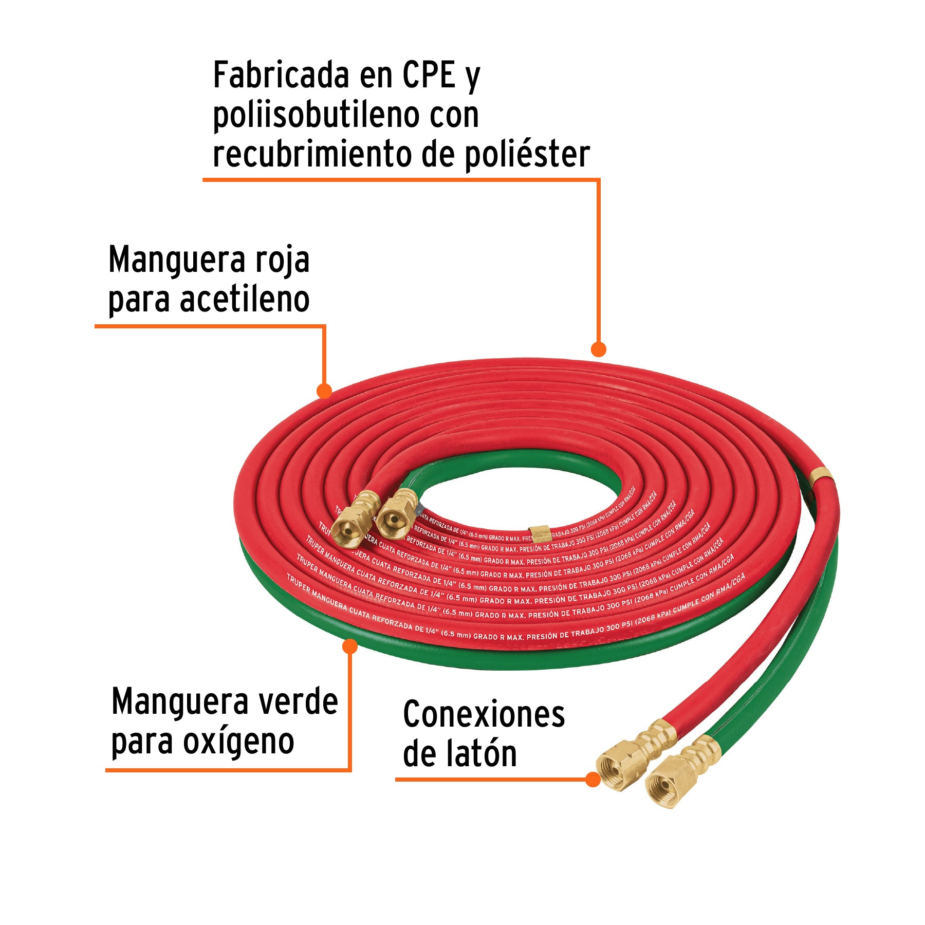 Manguera cuata reforzada de 6 m para oxiacetileno, TRUPER