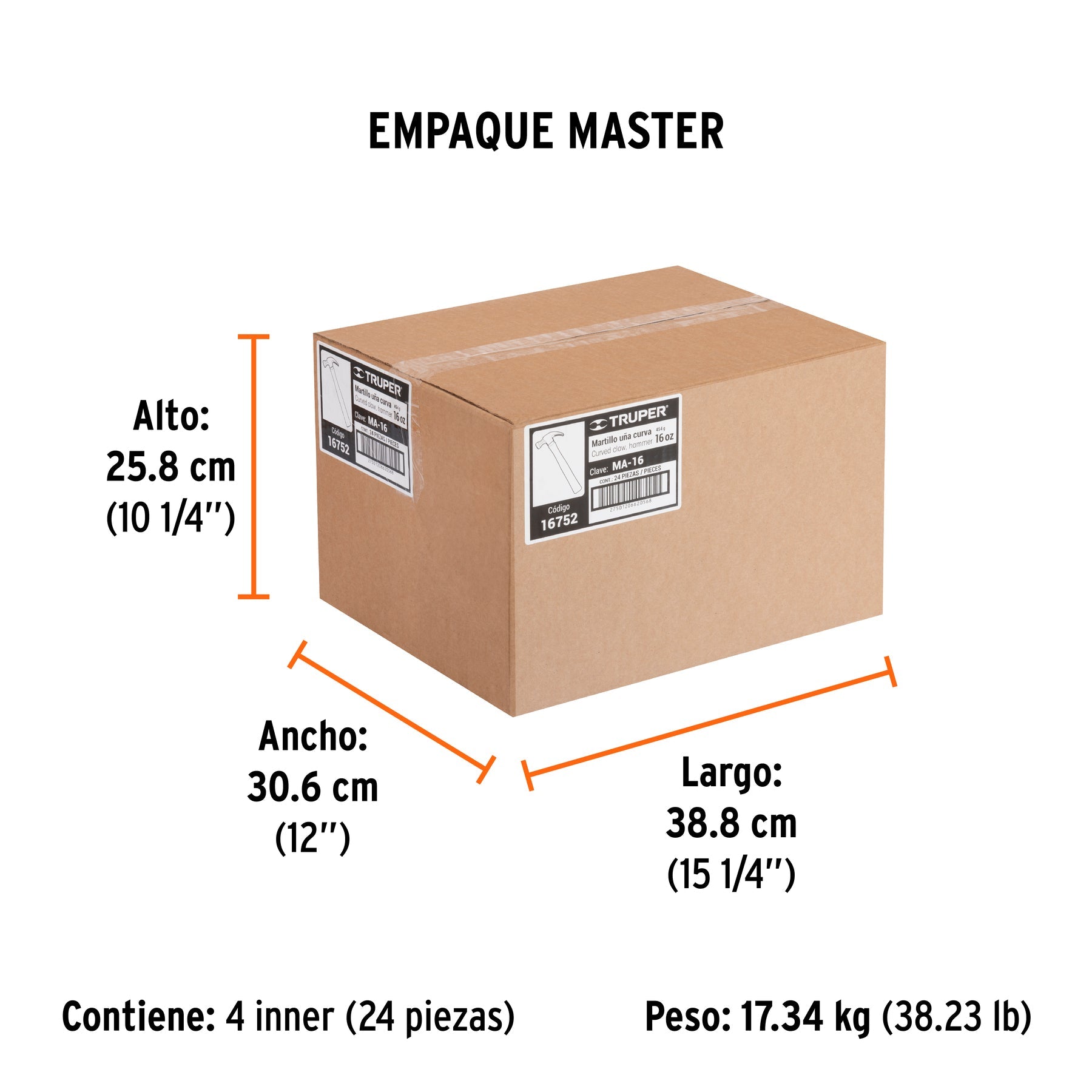 Martillo pulido, 16 oz, uña curva, mango madera, TRUPER - Empaque