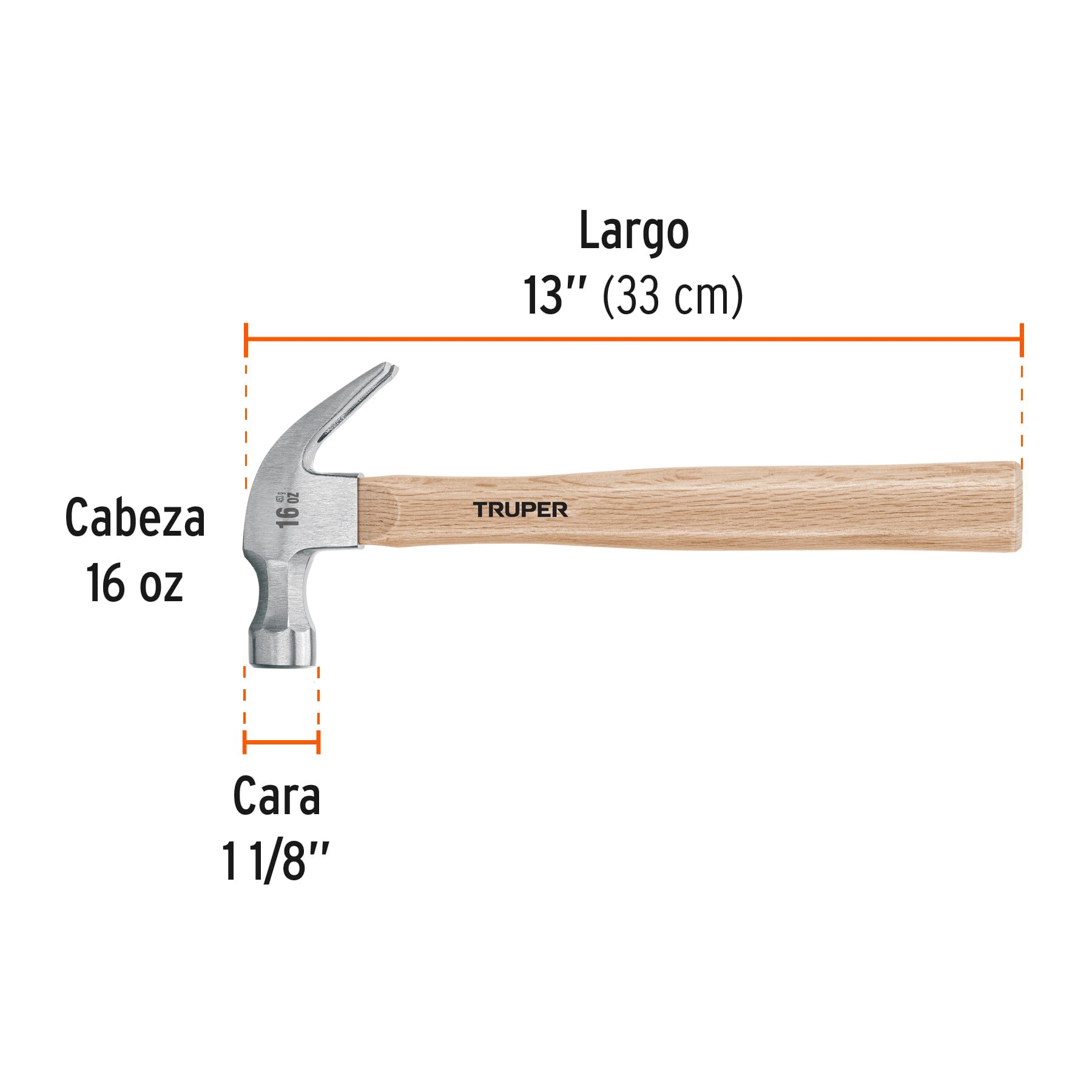 Martillo pulido, 16 oz, uña curva, mango madera, TRUPER
