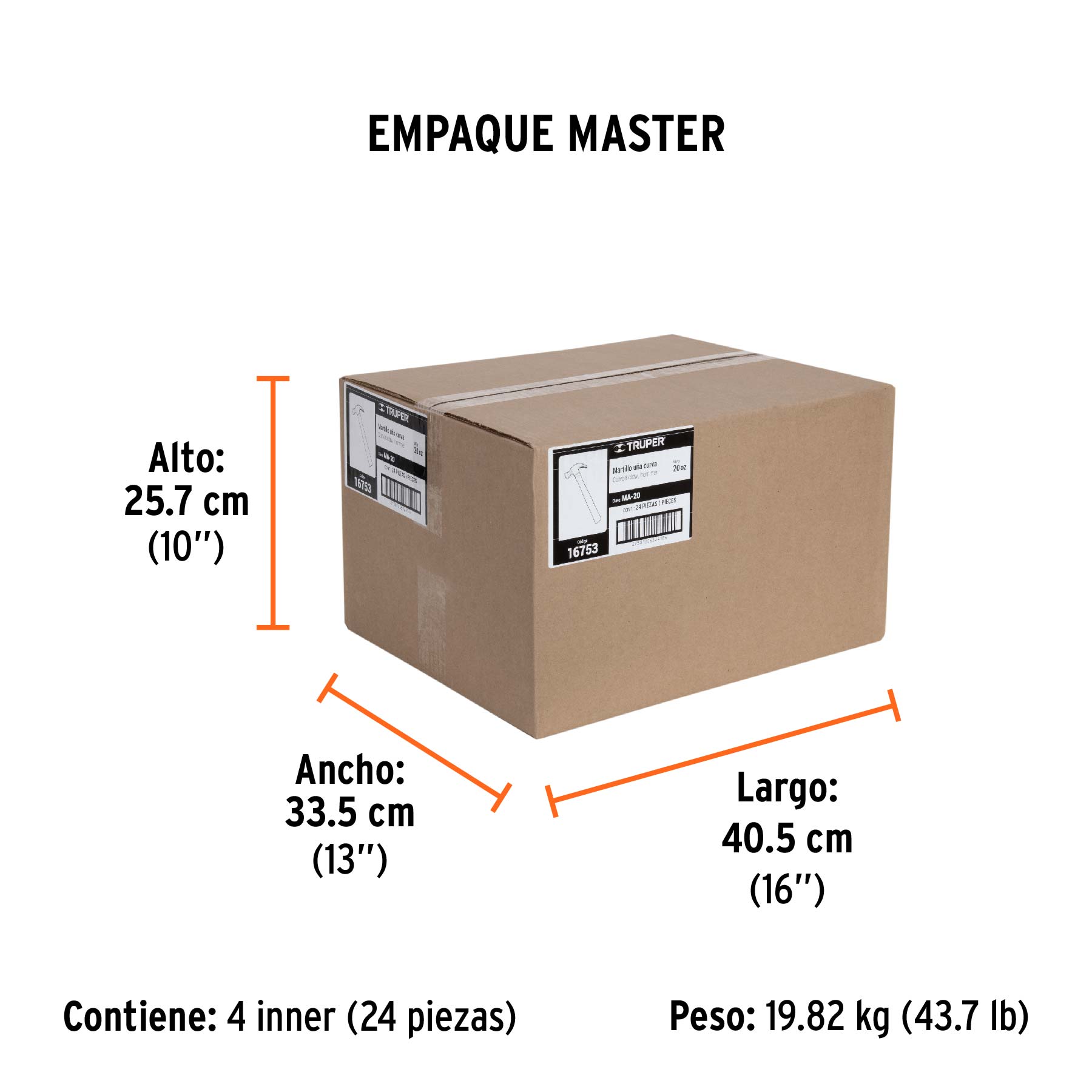 Martillo pulido, 20 oz, uña curva, mango madera, TRUPER - Empaque