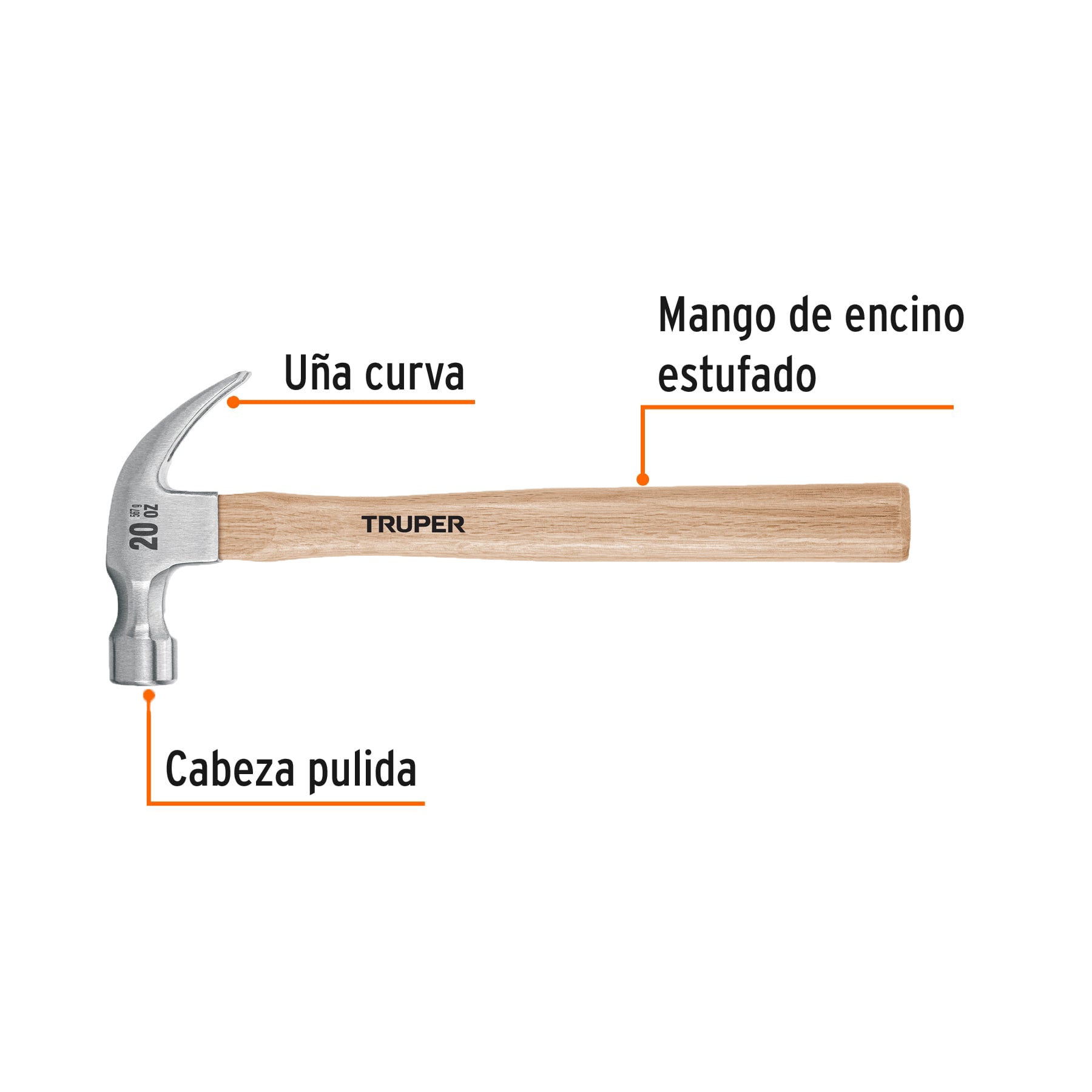 Martillo pulido, 20 oz, uña curva, mango madera, TRUPER