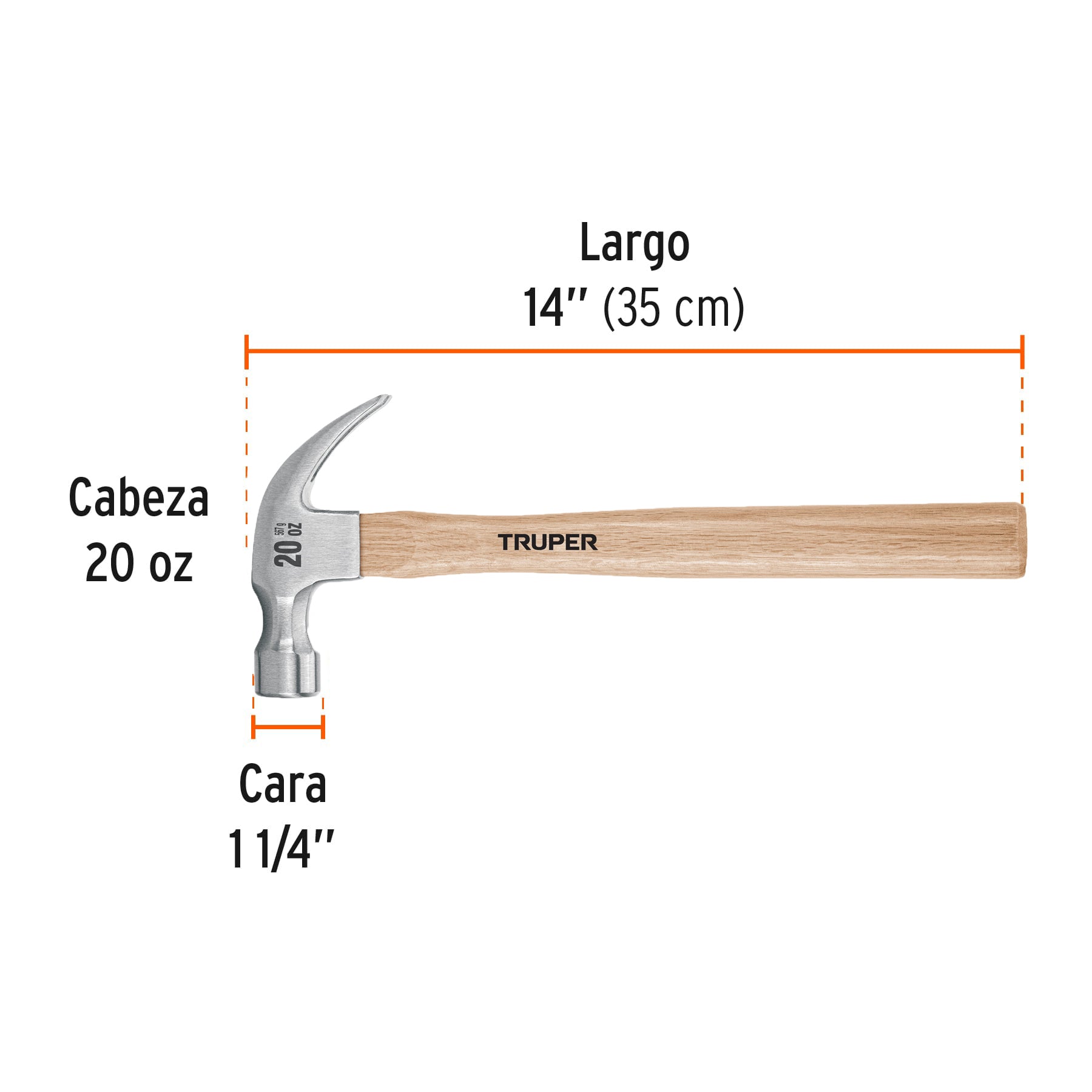 Martillo pulido, 20 oz, uña curva, mango madera, TRUPER