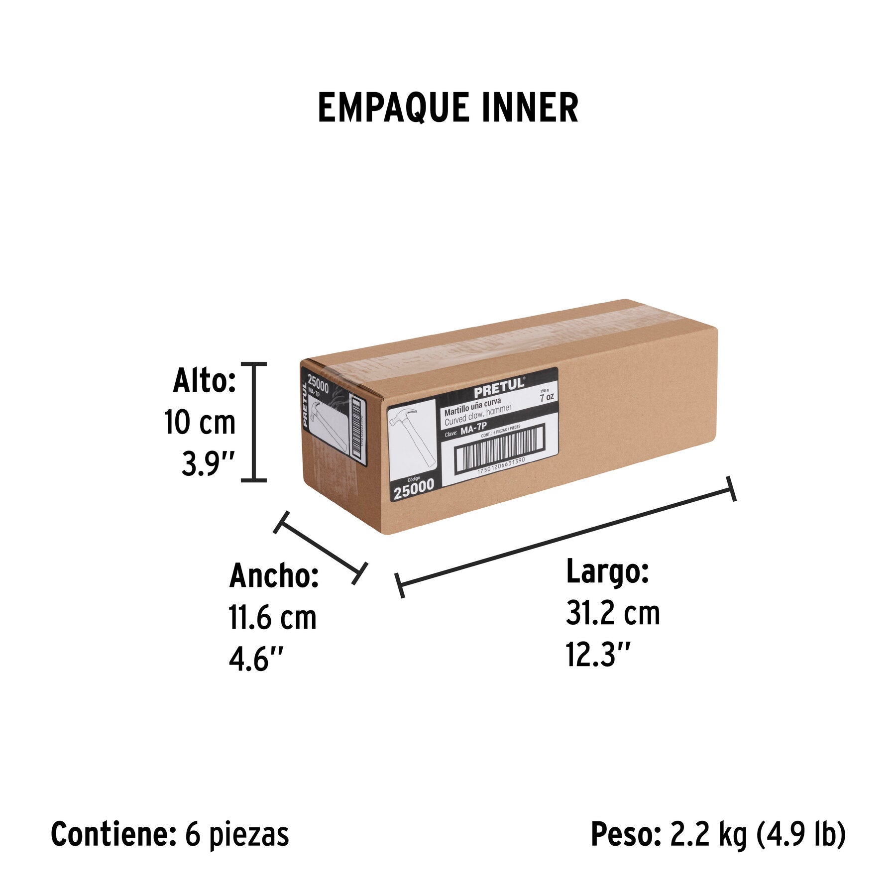 Martillo semipulido, 7 oz, uña curva, PRETUL - Empaque