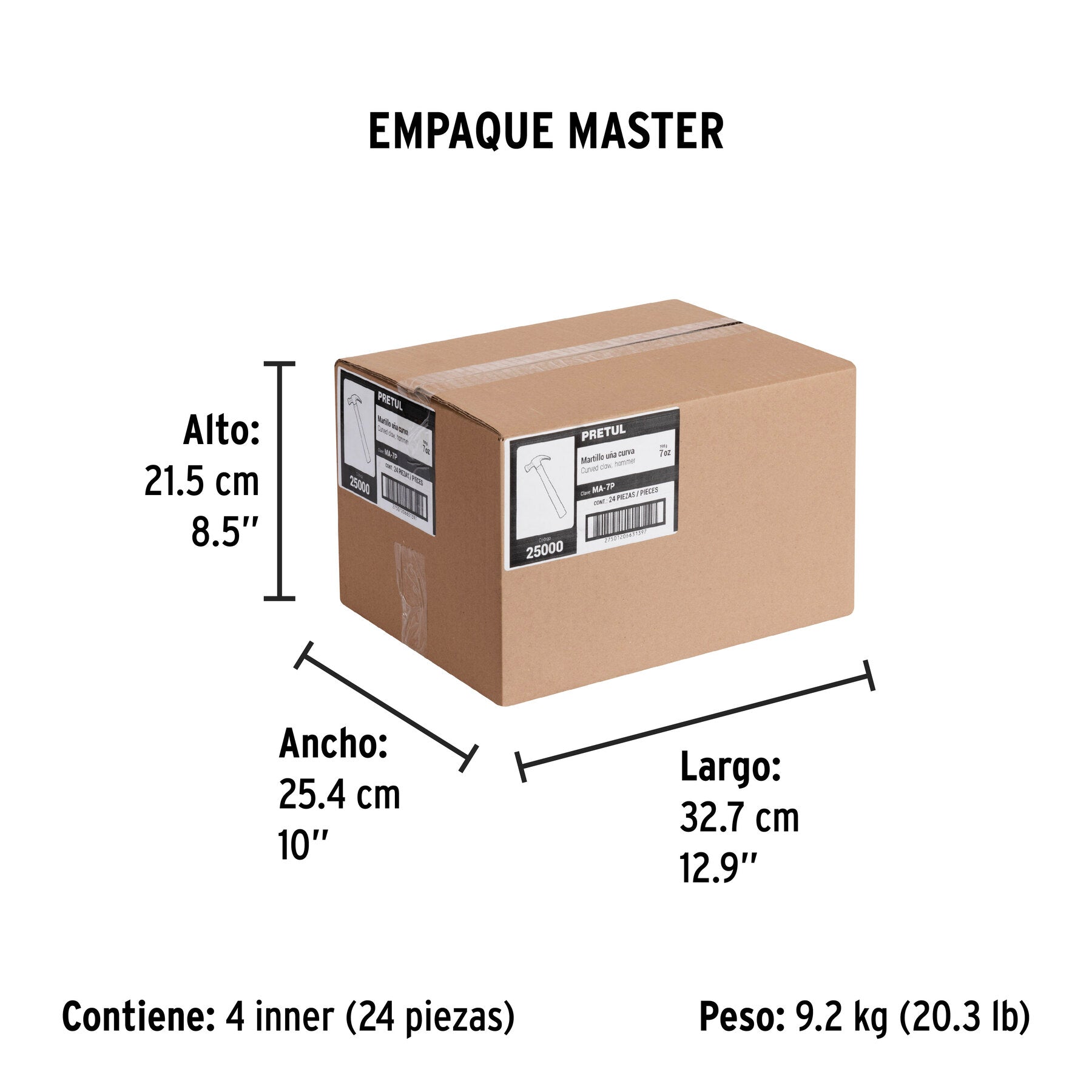 Martillo semipulido, 7 oz, uña curva, PRETUL - Empaque