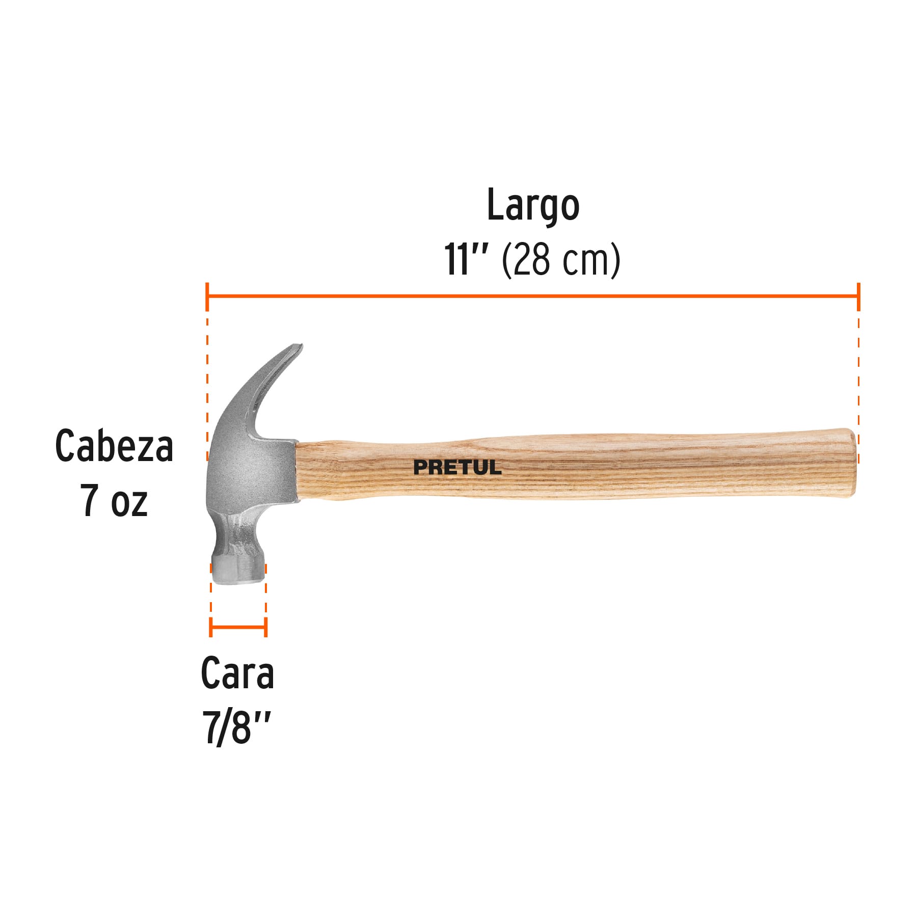 Martillo semipulido, 7 oz, uña curva, PRETUL