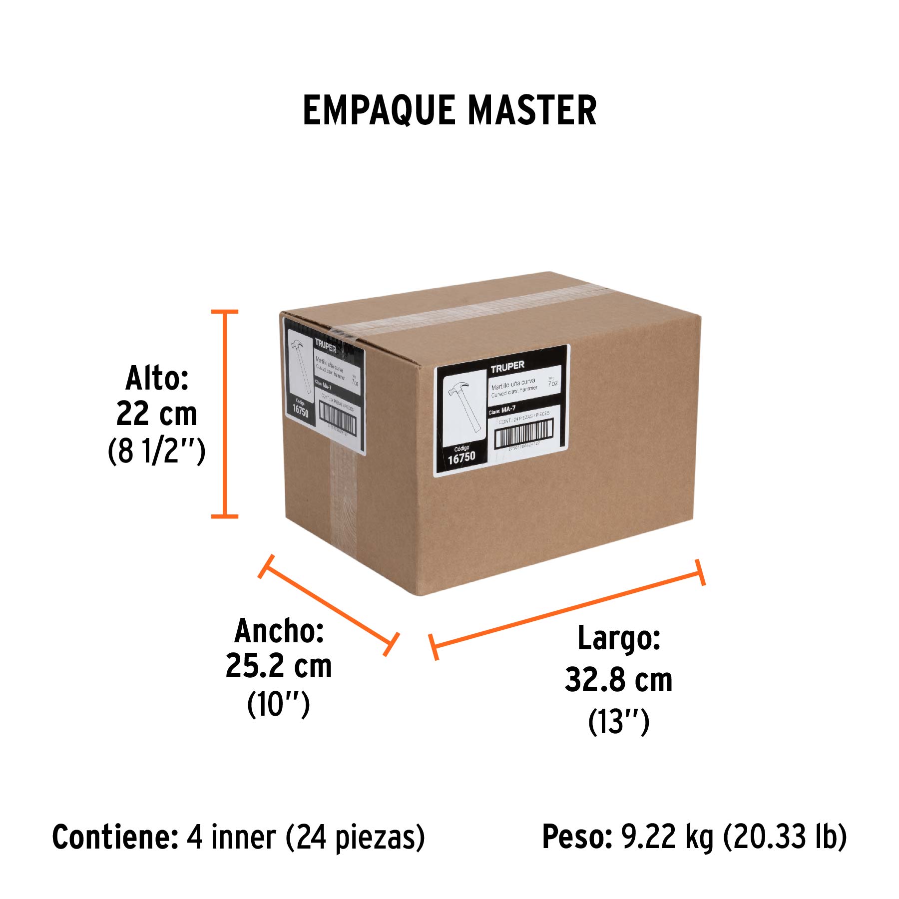 Martillo pulido, 7 oz, uña curva, mango madera, TRUPER - Empaque