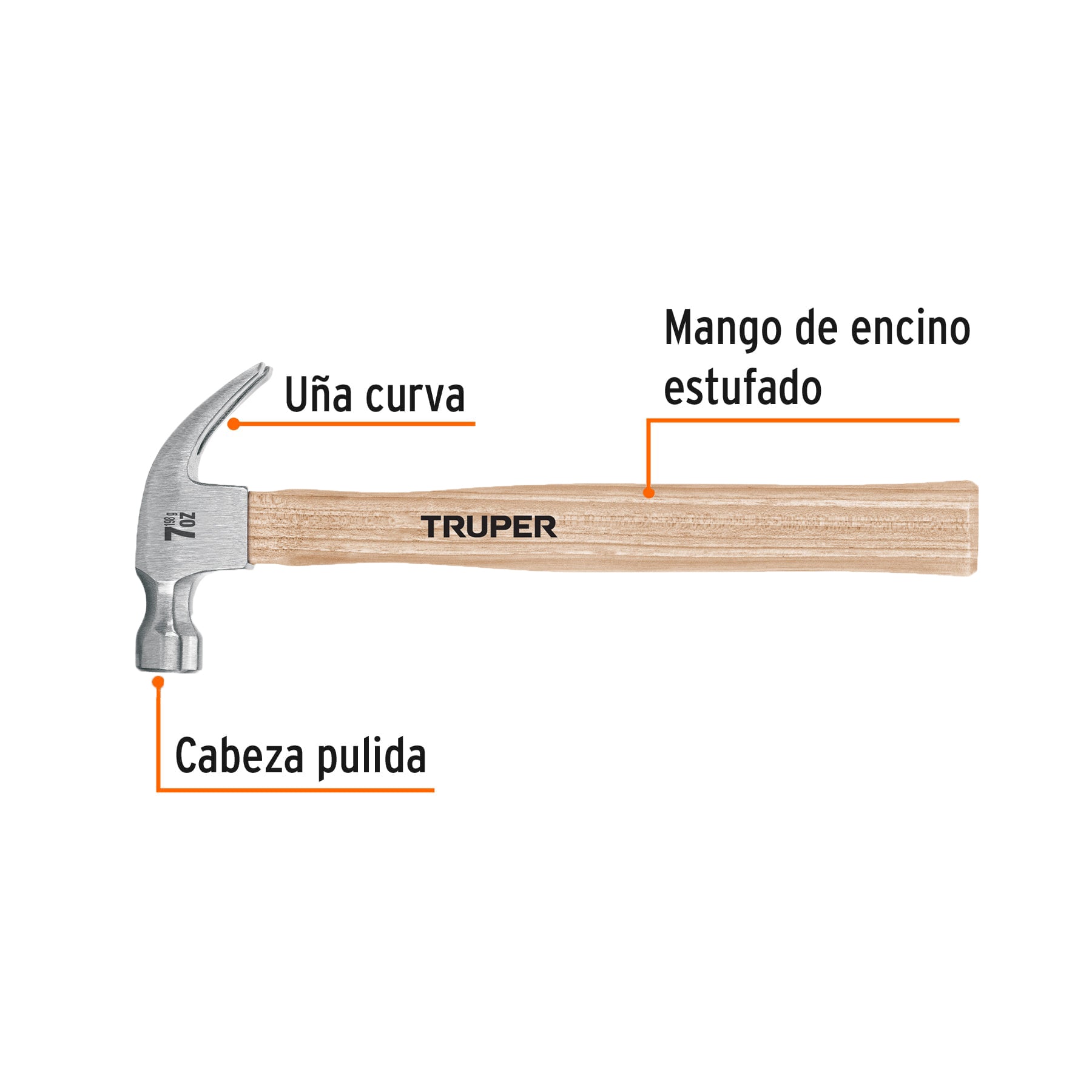 Martillo pulido, 7 oz, uña curva, mango madera, TRUPER