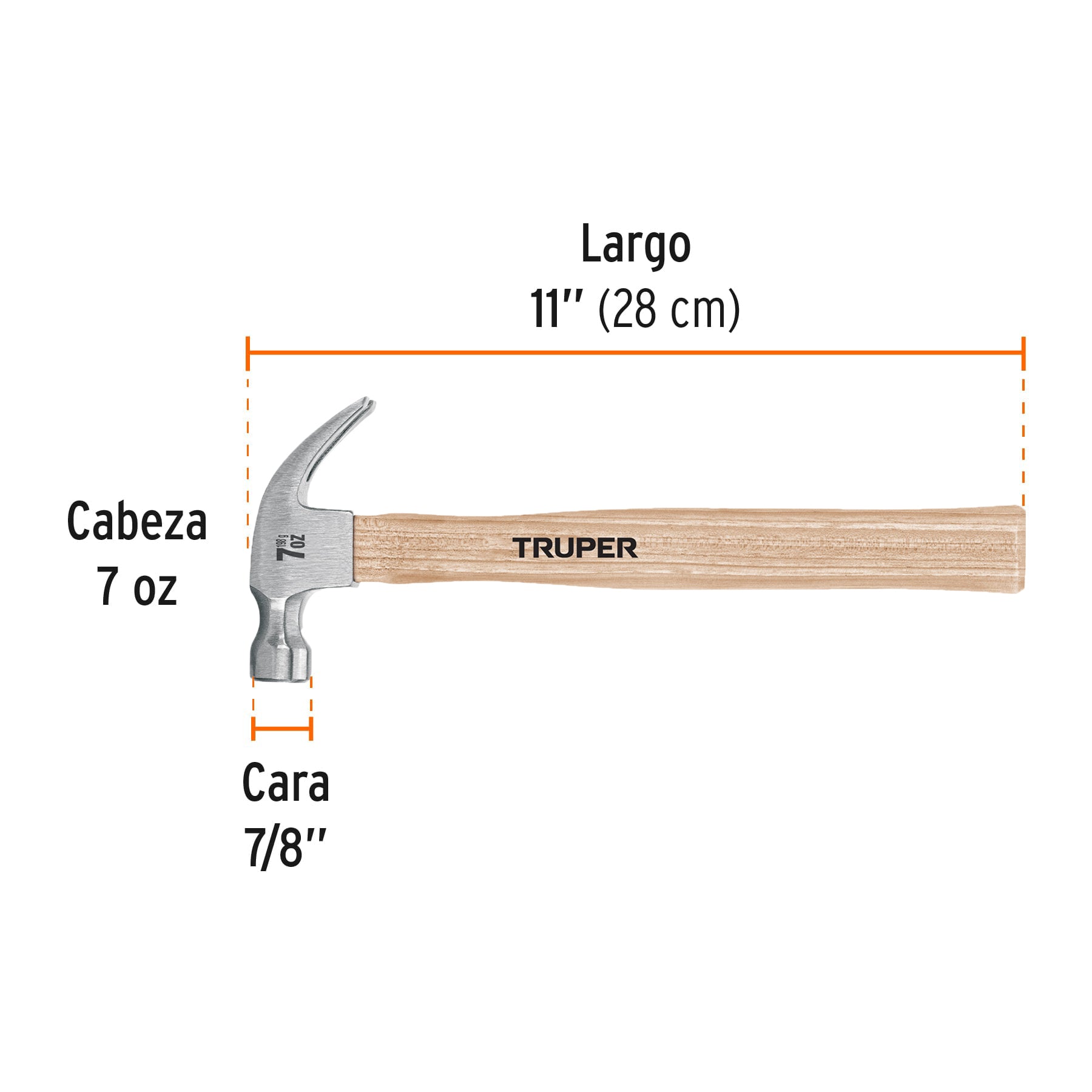 Martillo pulido, 7 oz, uña curva, mango madera, TRUPER