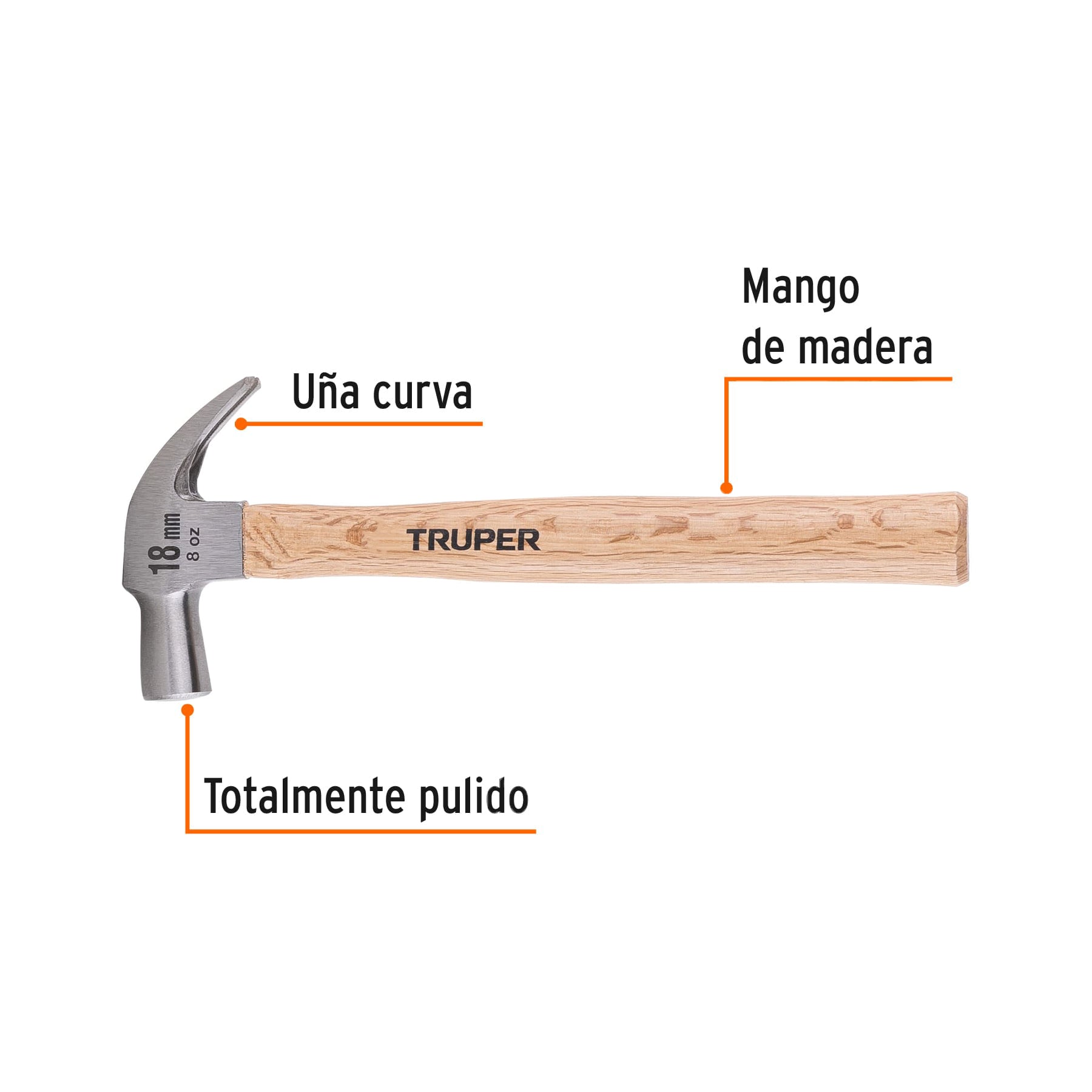 Martillo cabeza cónica 18 mm uña curva, mango madera, TRUPER