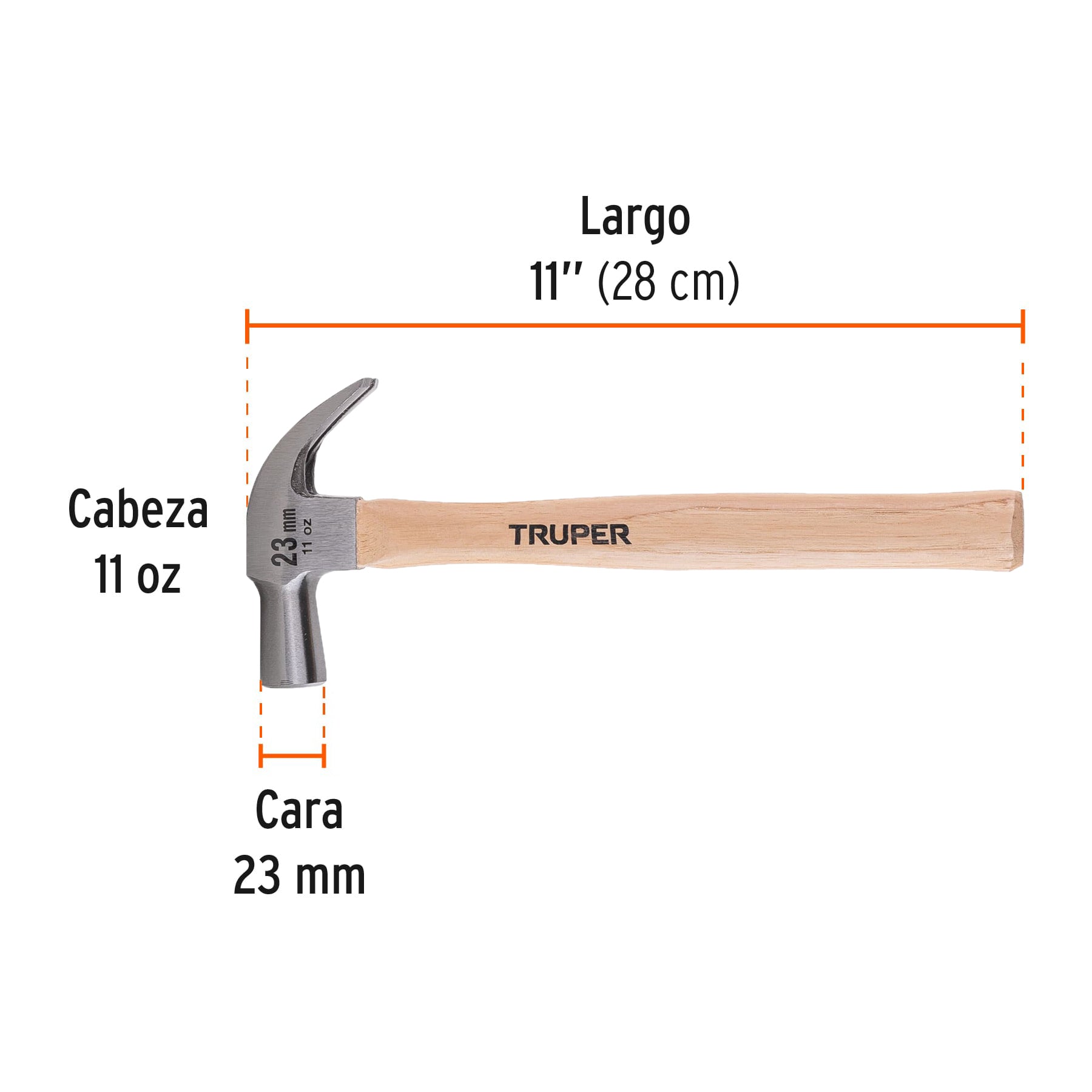 Martillo cabeza cónica 23 mm uña curva, mango madera, TRUPER