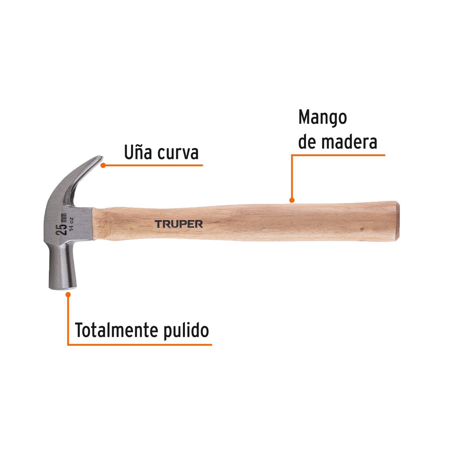 Martillo cabeza cónica 25 mm uña curva, mango madera, TRUPER