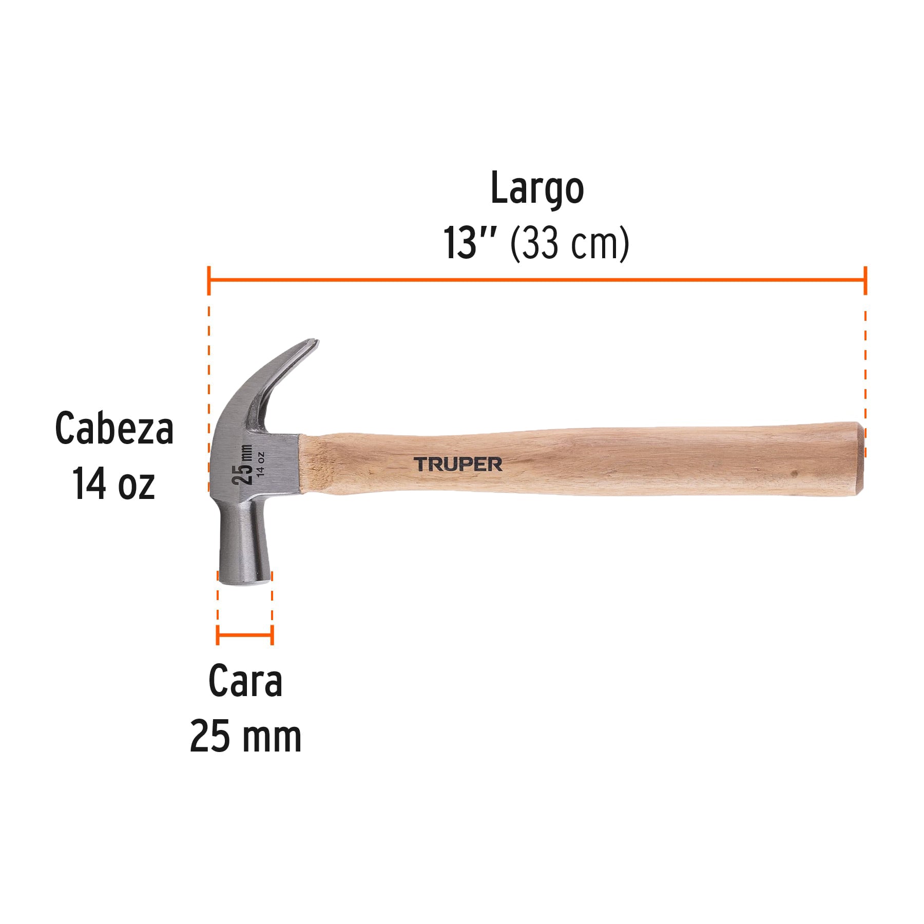 Martillo cabeza cónica 25 mm uña curva, mango madera, TRUPER