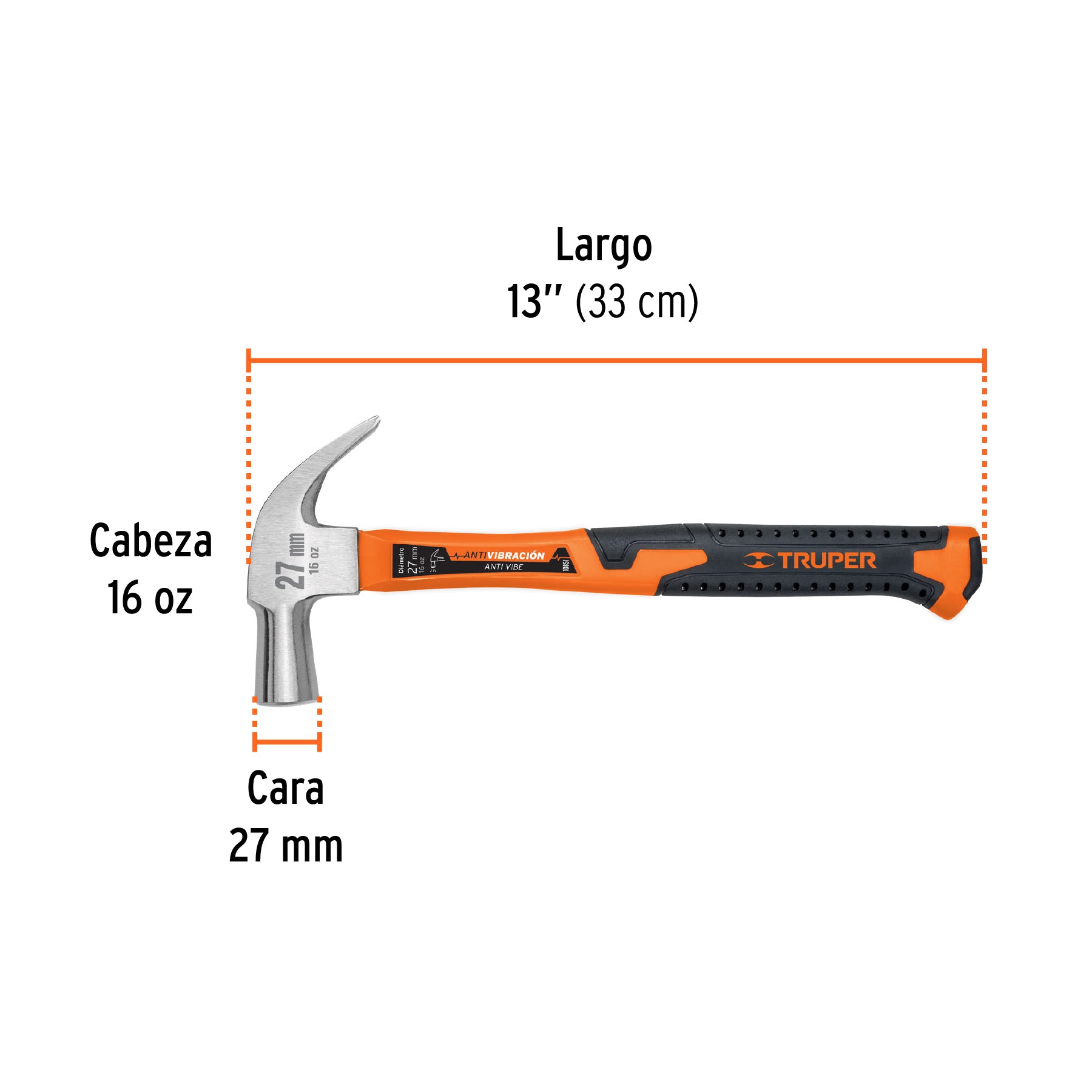Martillo cabeza cónica 27 mm uña curva, mango fibra vidrio