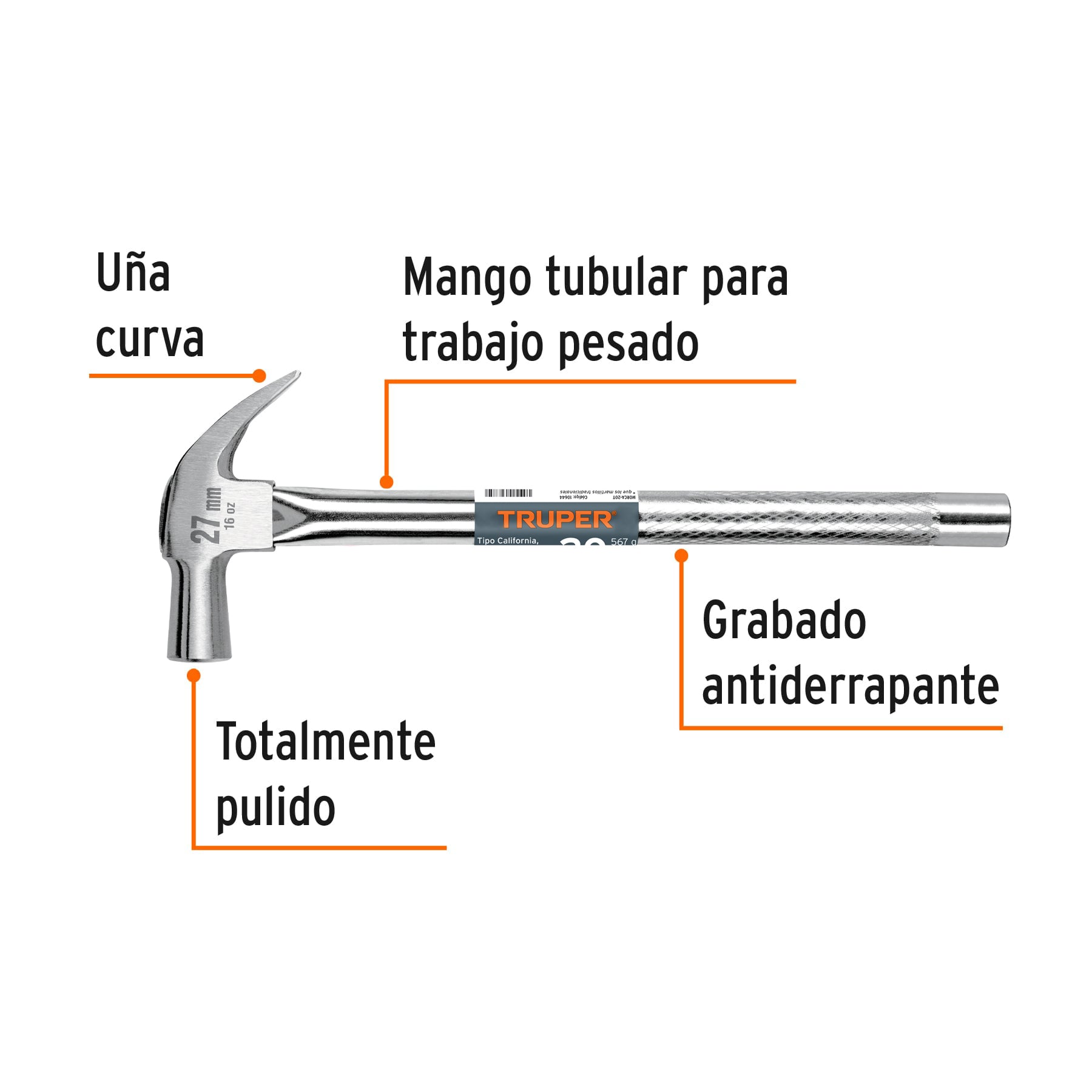 Martillo cabeza cónica 27 mm uña curva, mango tubular,TRUPER