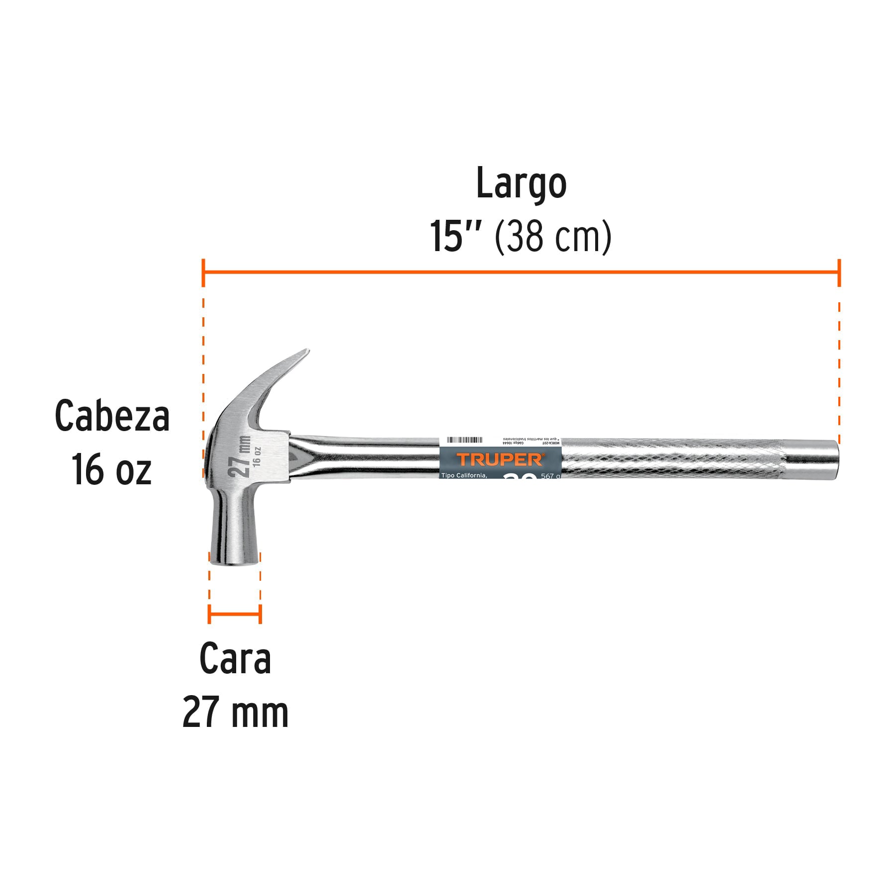 Martillo cabeza cónica 27 mm uña curva, mango tubular,TRUPER