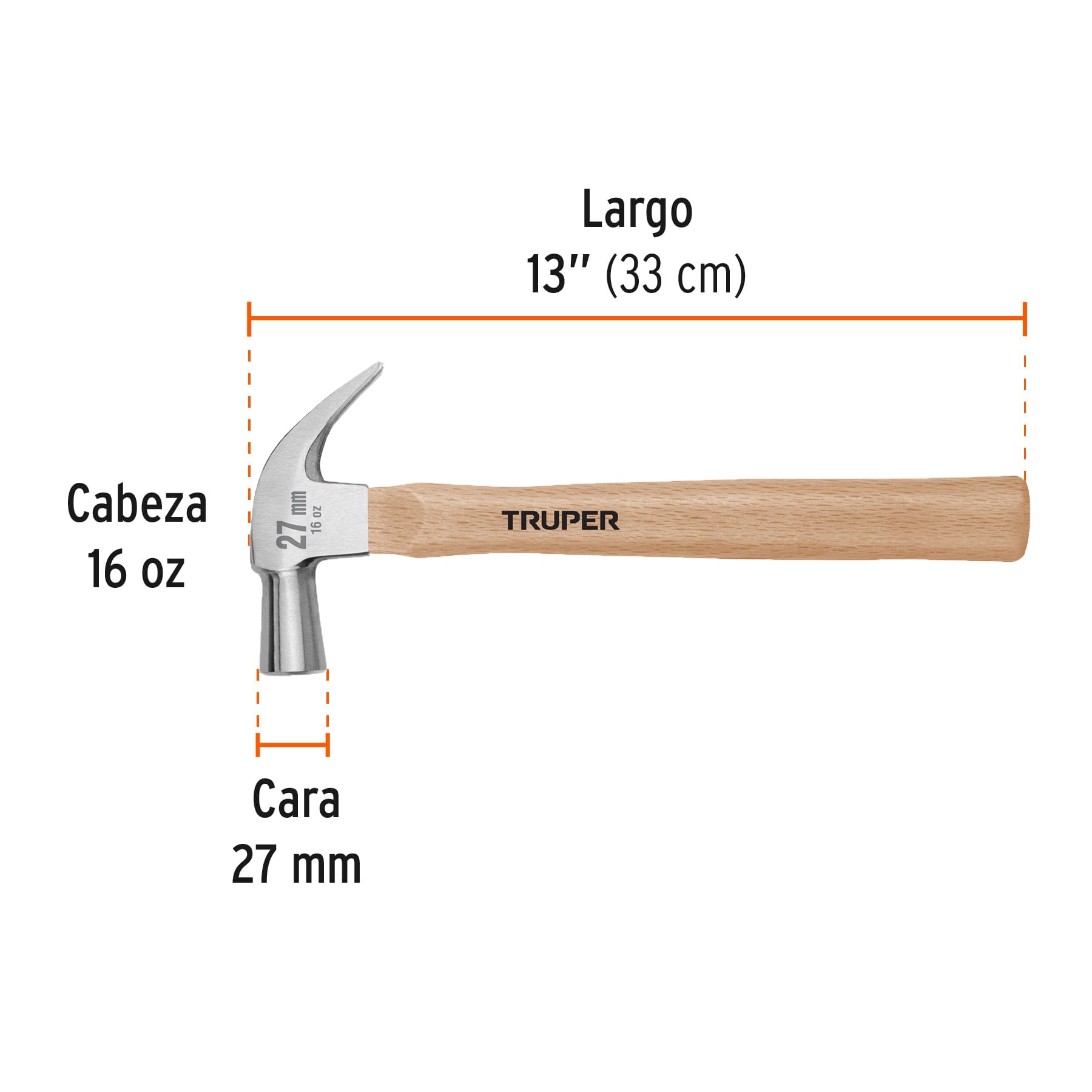 Martillo cabeza cónica 27 mm uña curva, mango madera, TRUPER