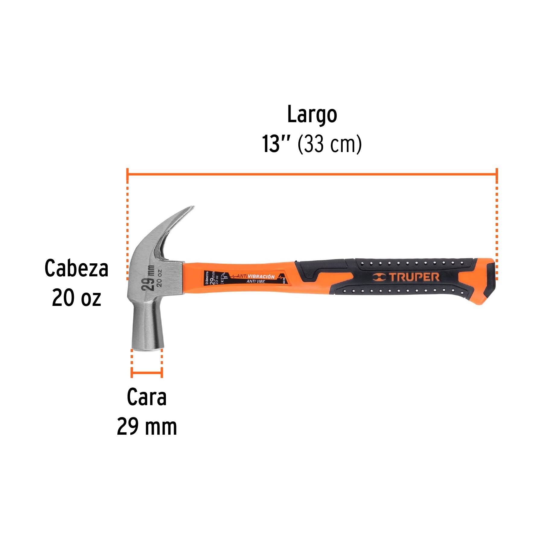 Martillo cabeza cónica 29 mm uña curva, mango fibra vidrio
