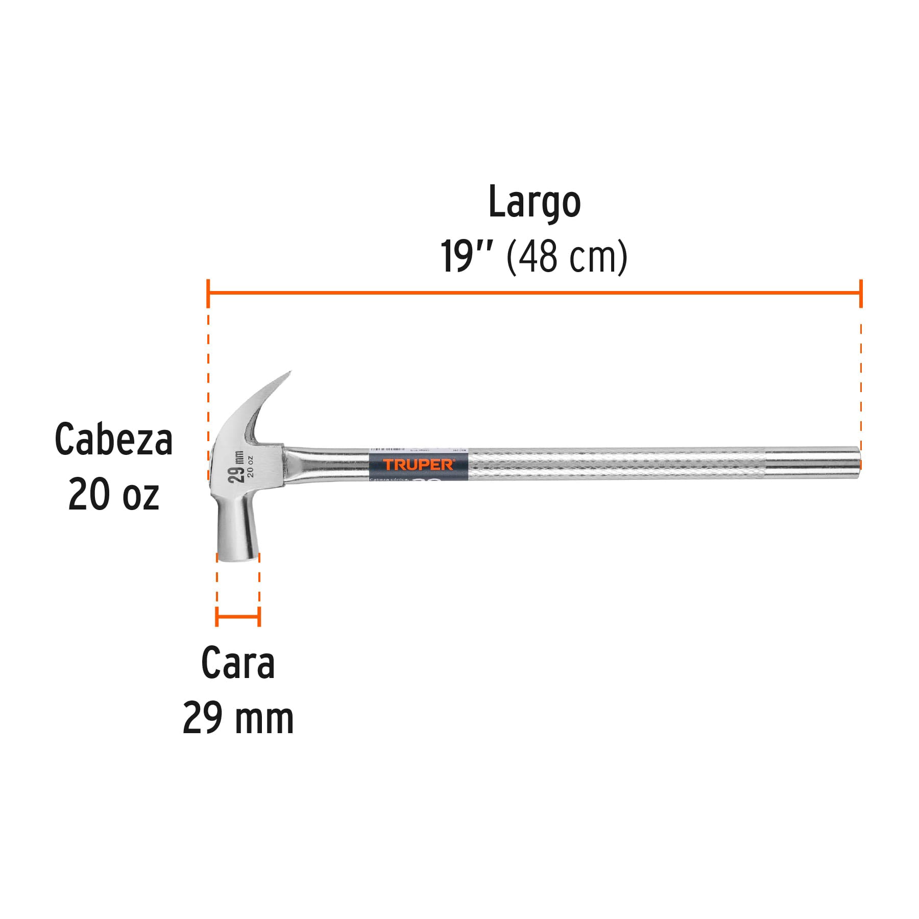 Martillo cabeza cónica 29 mm uña curva, mango tubular,TRUPER
