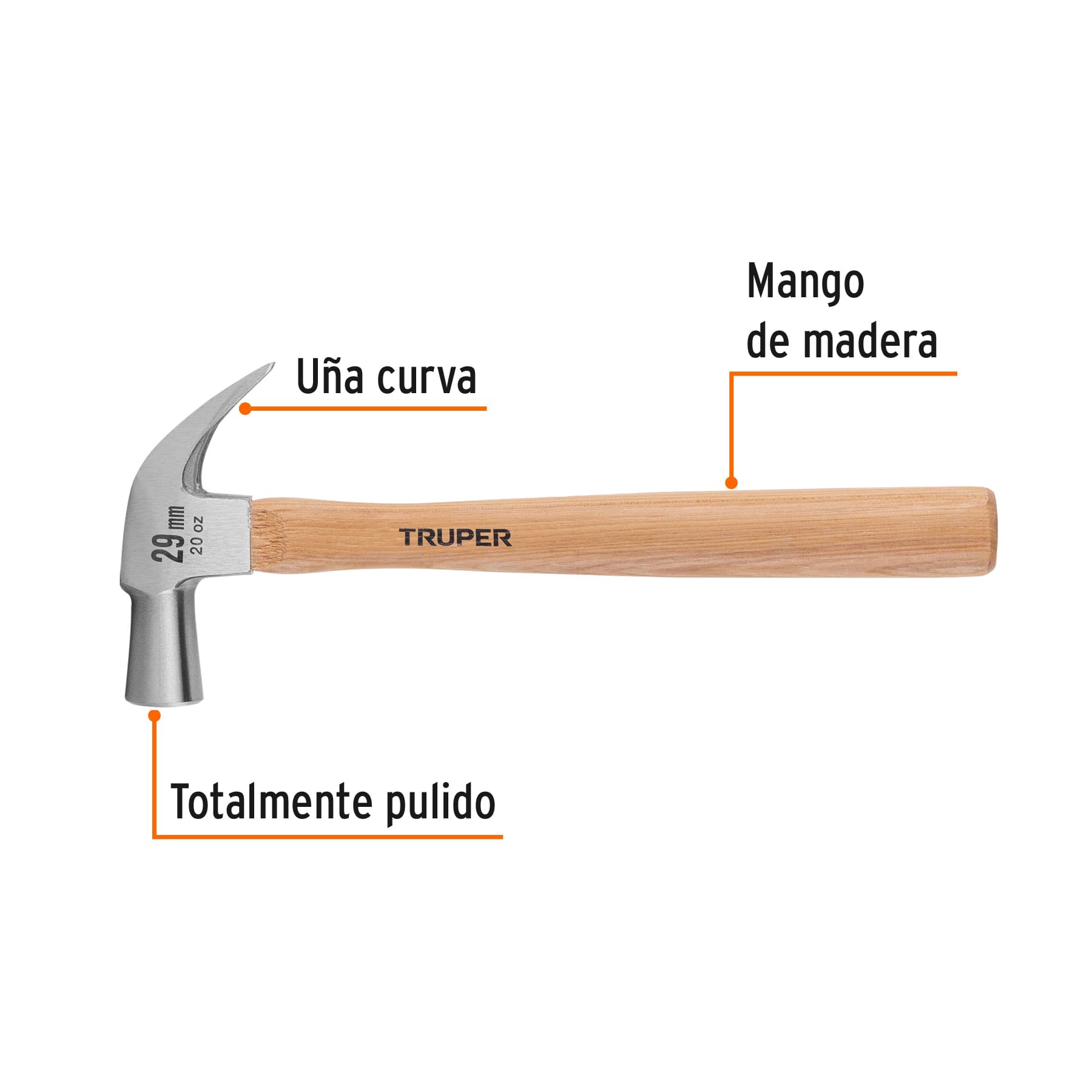 Martillo cabeza cónica 29 mm uña curva, mango madera, TRUPER