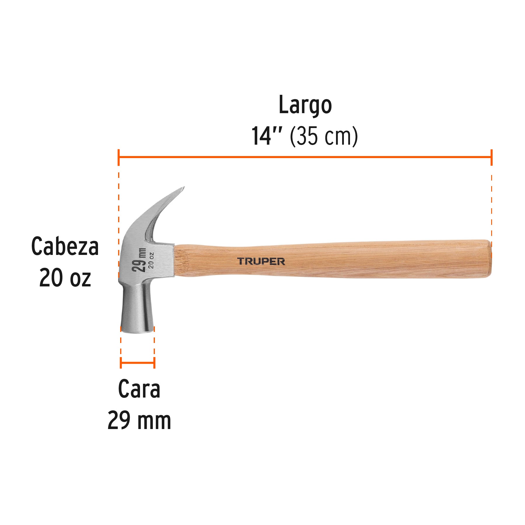 Martillo cabeza cónica 29 mm uña curva, mango madera, TRUPER