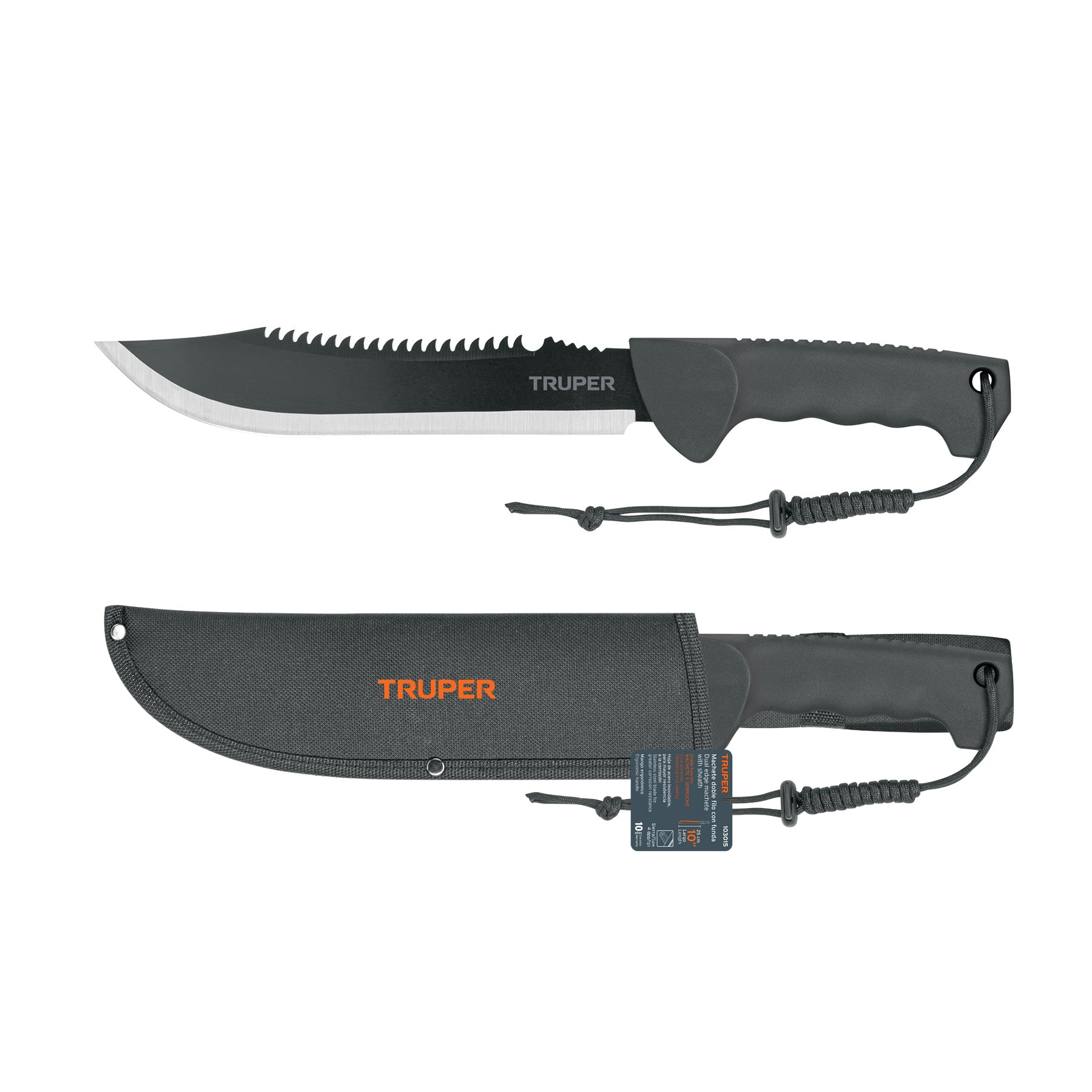 Machete doble filo 10", cacha inyectada, con funda, TRUPER