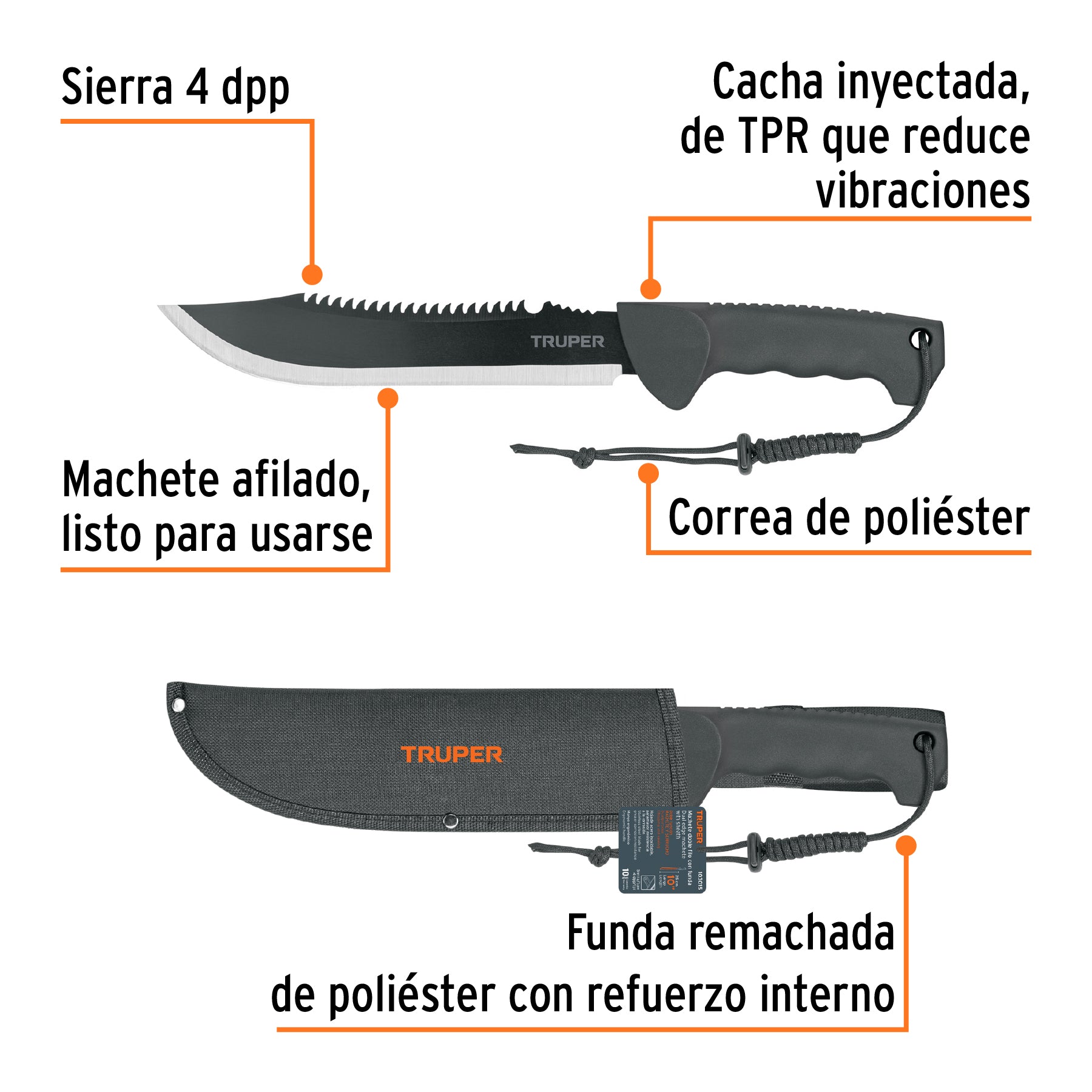 Machete doble filo 10", cacha inyectada, con funda, TRUPER