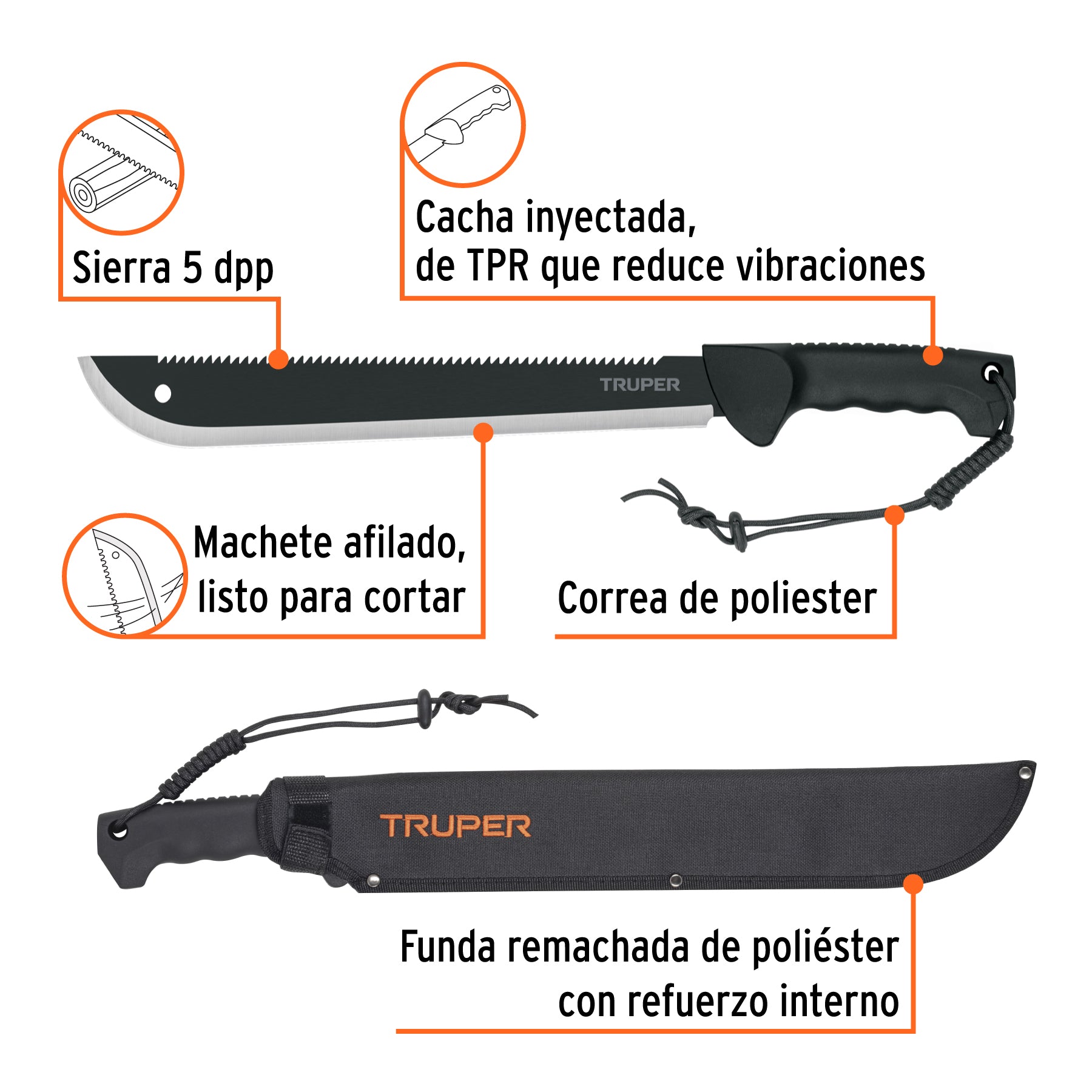 Machete doble filo 14", cacha inyectada, con funda, TRUPER