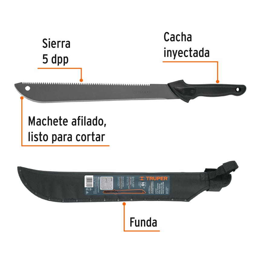 Machete doble filo 18" cacha inyectada, con funda, TRUPER
