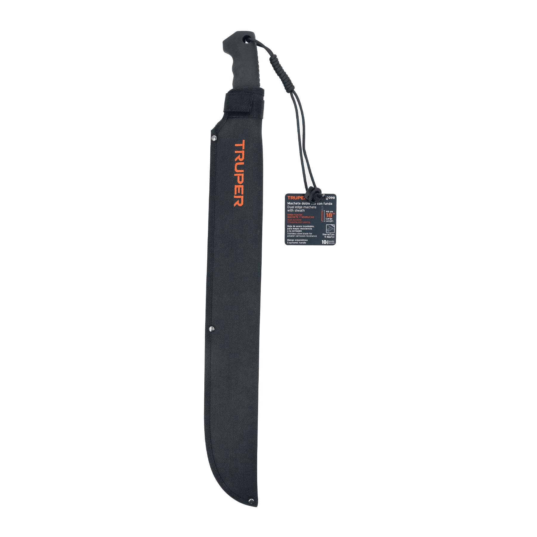 Machete doble filo 18", cacha inyectada, con funda, TRUPER