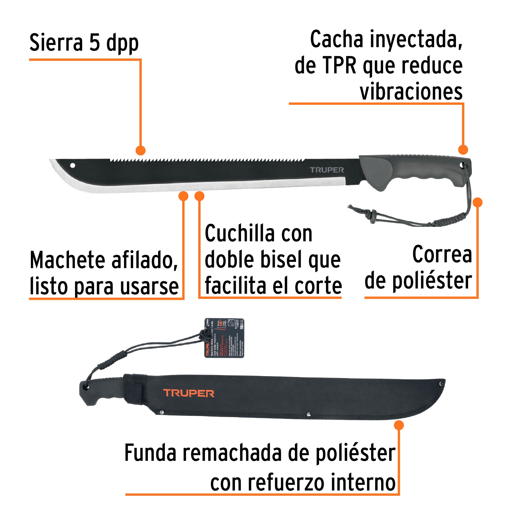 Machete doble filo 18", cacha inyectada, con funda, TRUPER