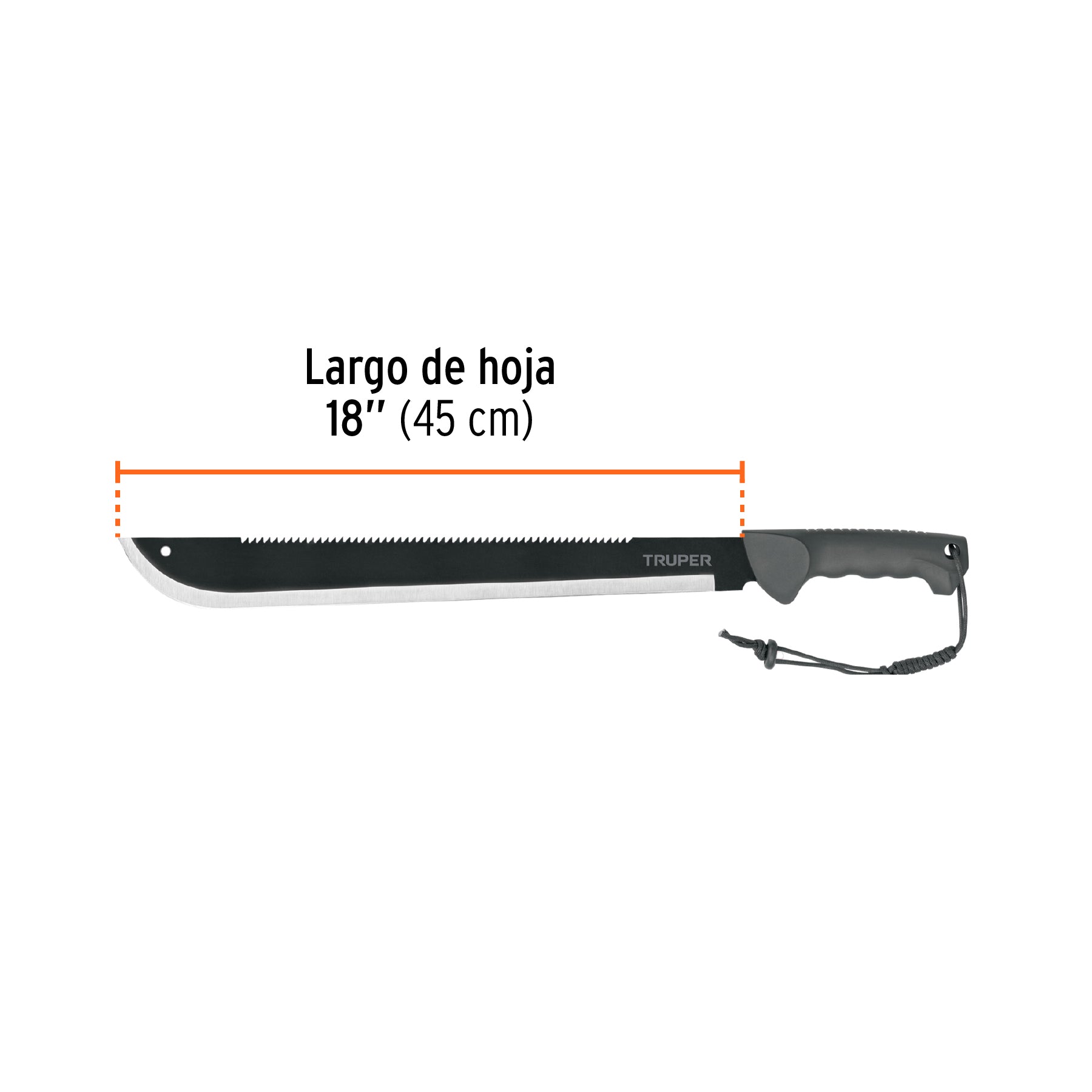 Machete doble filo 18", cacha inyectada, con funda, TRUPER