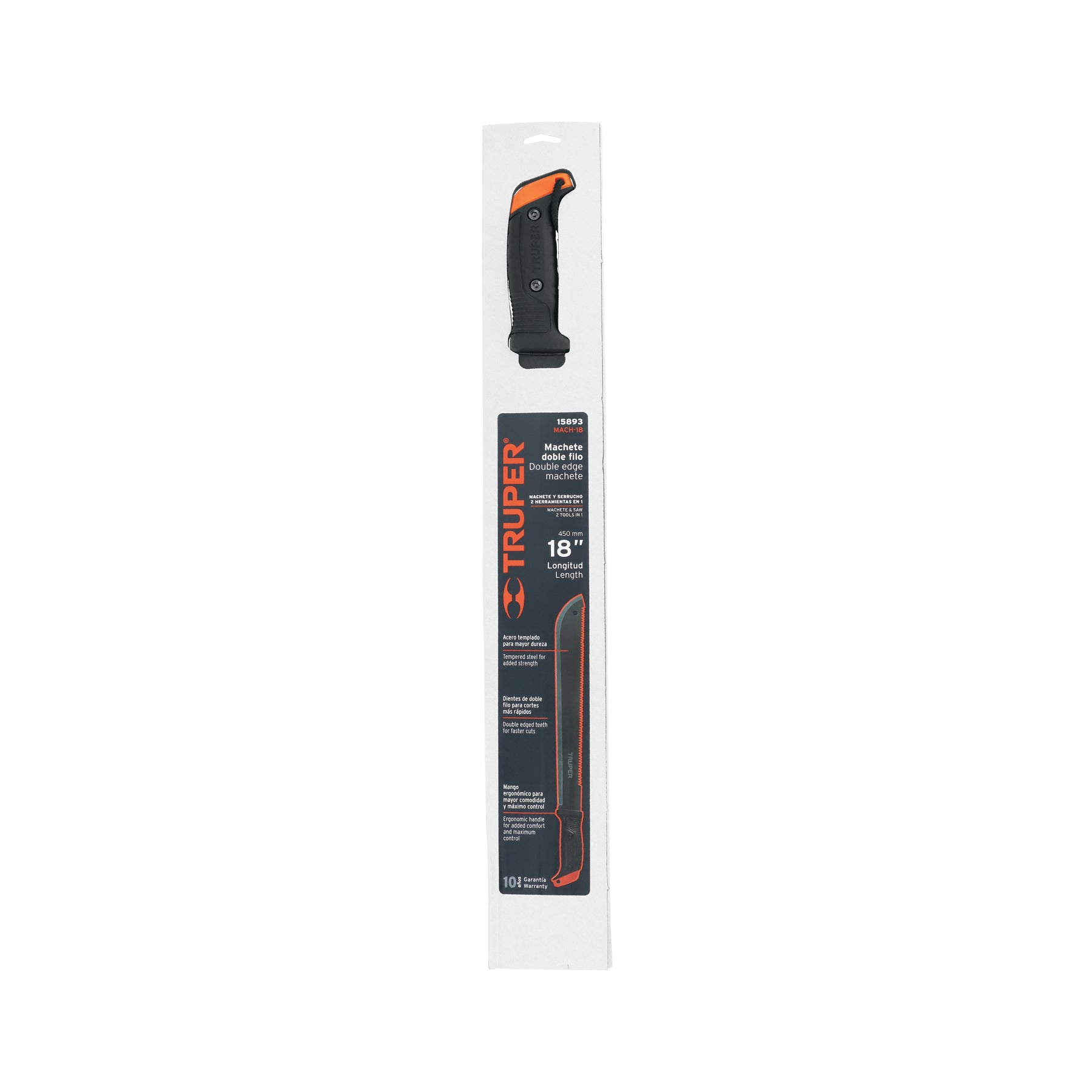 Machete doble filo 18", cacha atornillada, funda de cartón