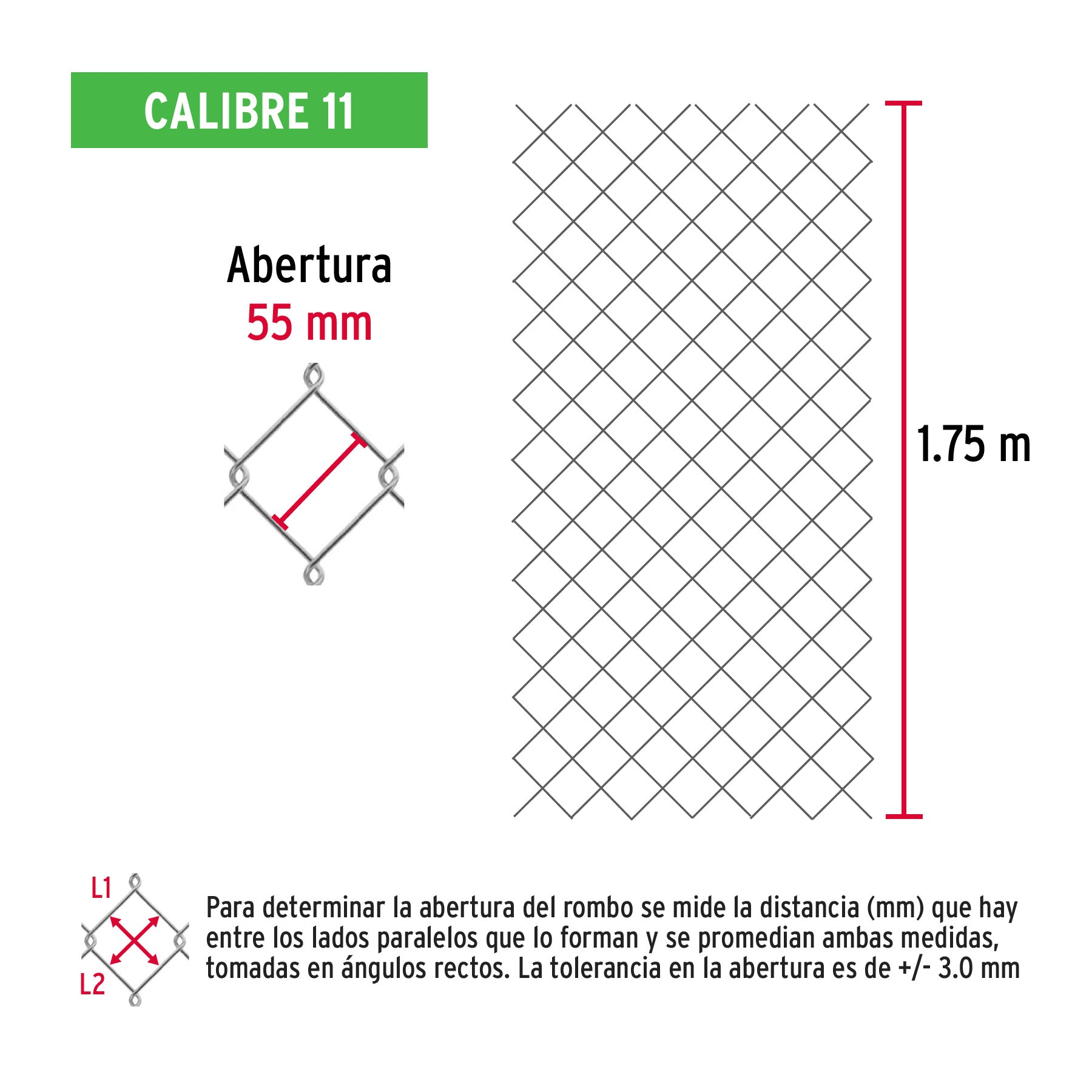 Rollo malla ciclónica cal.11, 1.75x20m, abertura 55mm, 71kg