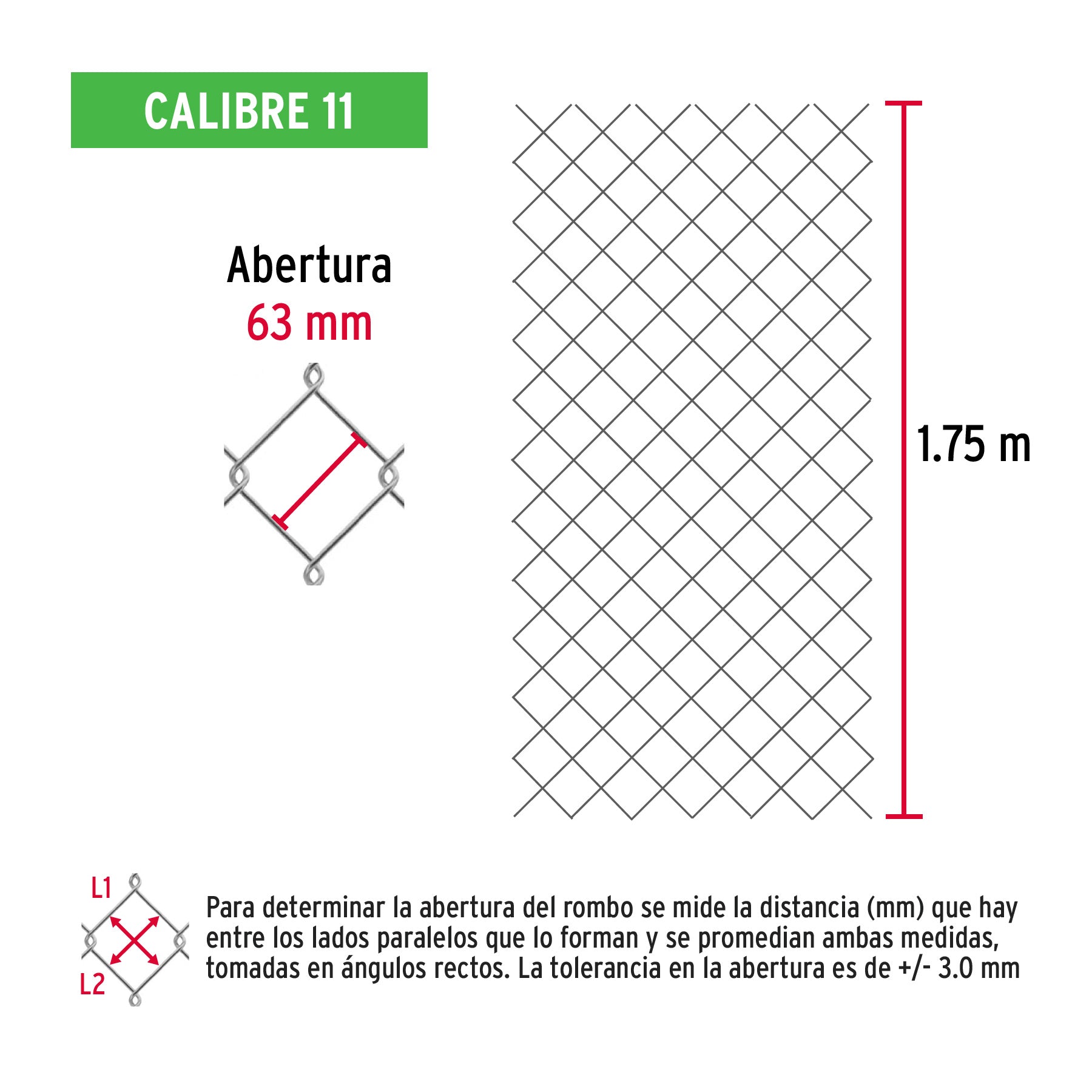 Rollo malla ciclónica cal.11, 1.75x20m, abertura 63mm, 60kg
