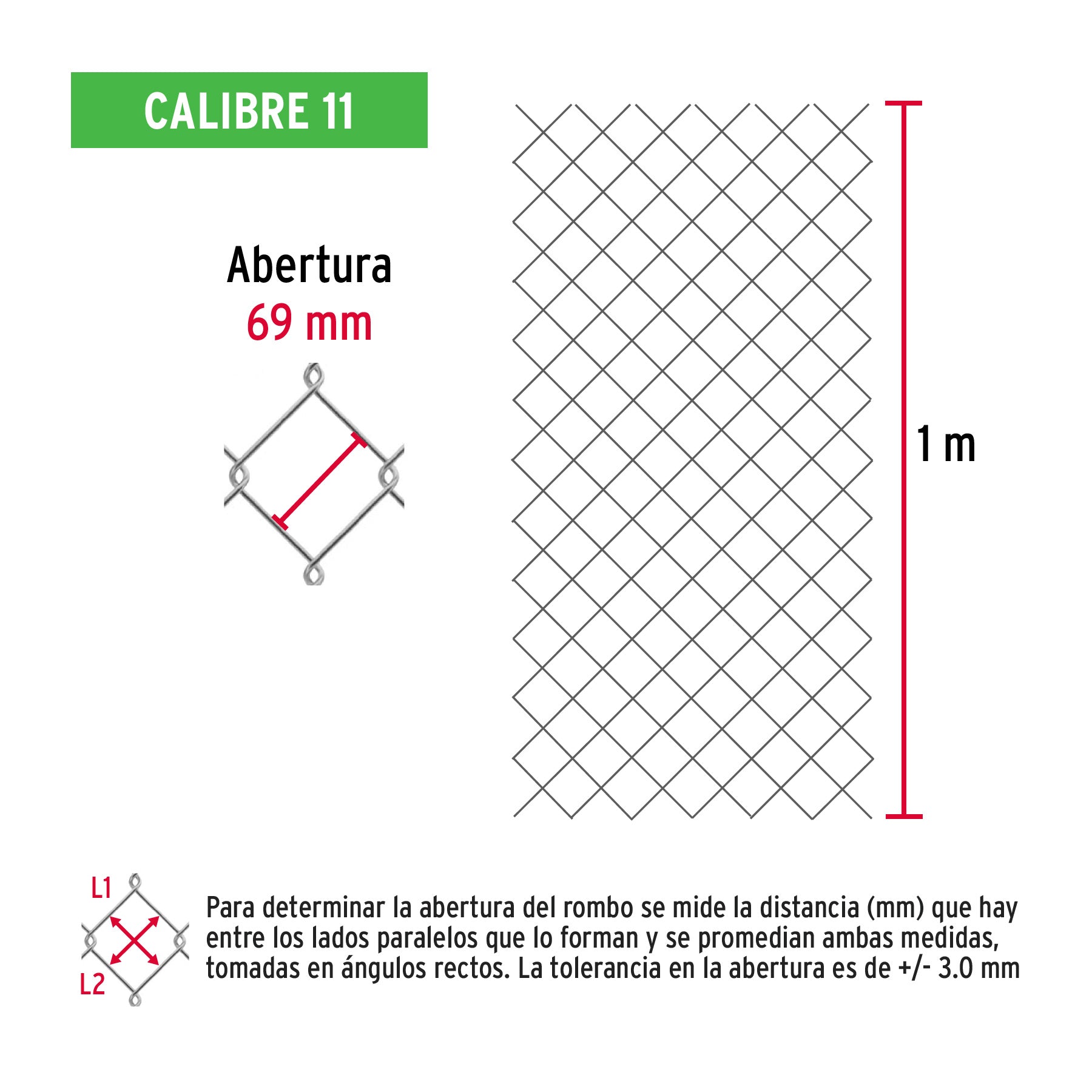 Rollo malla ciclónica cal.11, 1x20m, abertura 69mm, 33kg