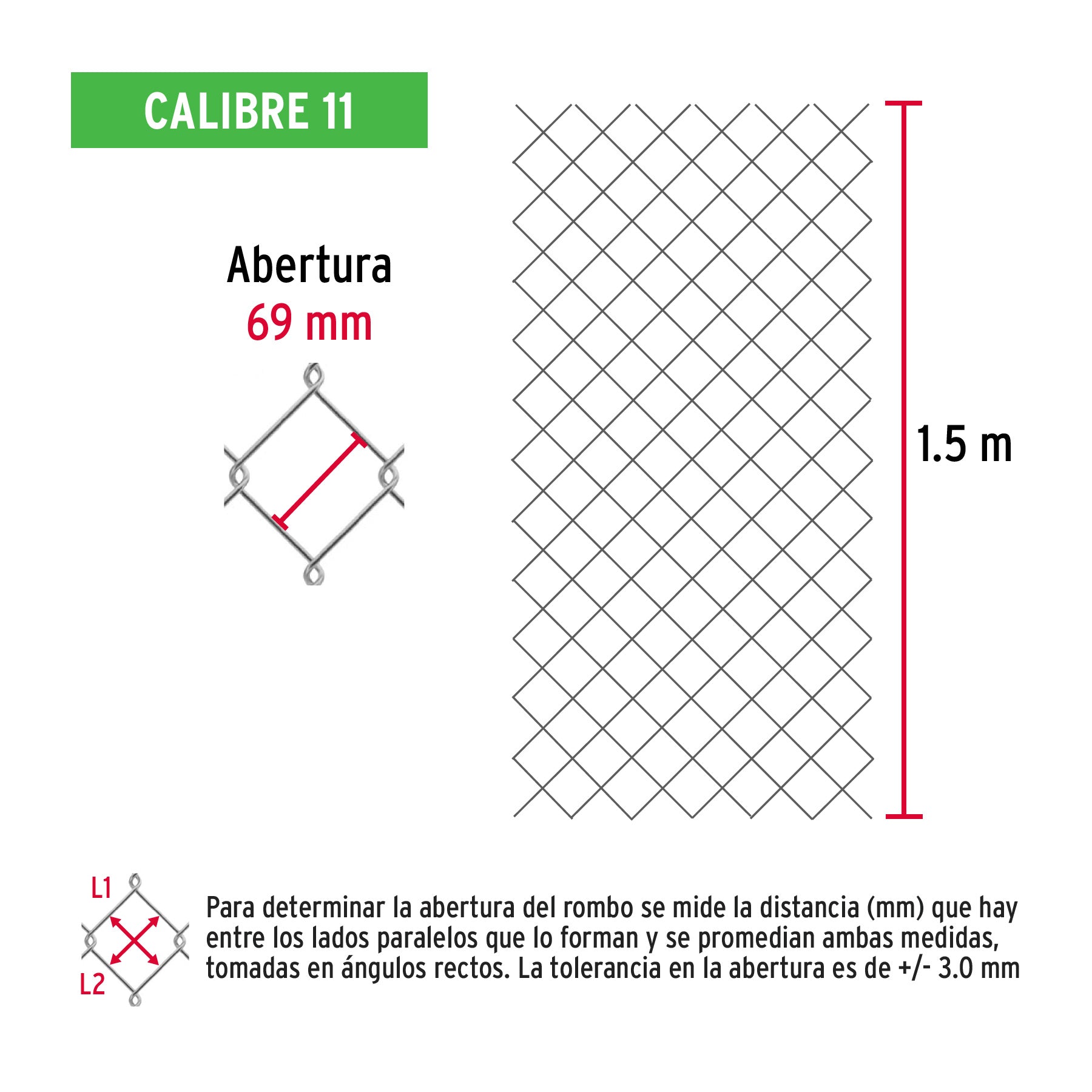 Rollo malla ciclónica cal.11, 1.5x20m, abertura 69mm, 46kg