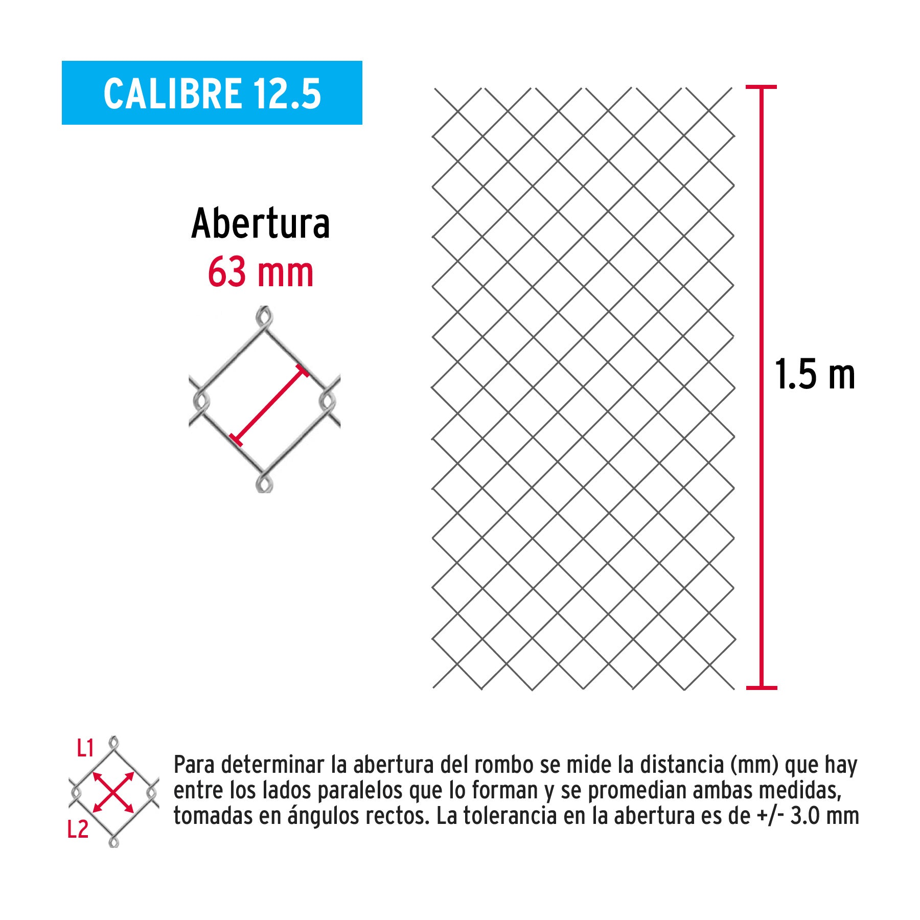 Rollo malla ciclónica cal.12.5, 1.5x20m, abertura 63mm 37kg