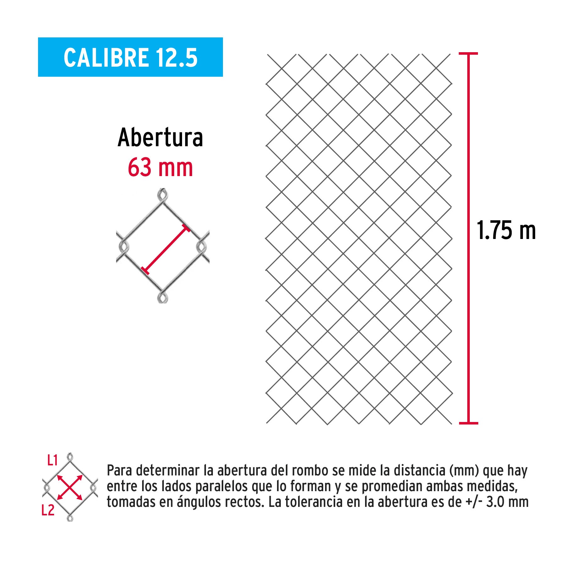 Rollo malla ciclónica cal.12.5, 1.75x20m, abertura 63mm 38kg