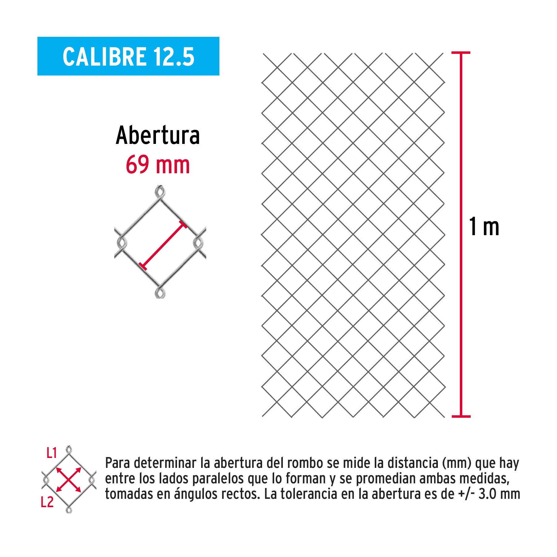 Rollo malla ciclónica cal.12.5, 1x20m, abertura 69mm 21kg