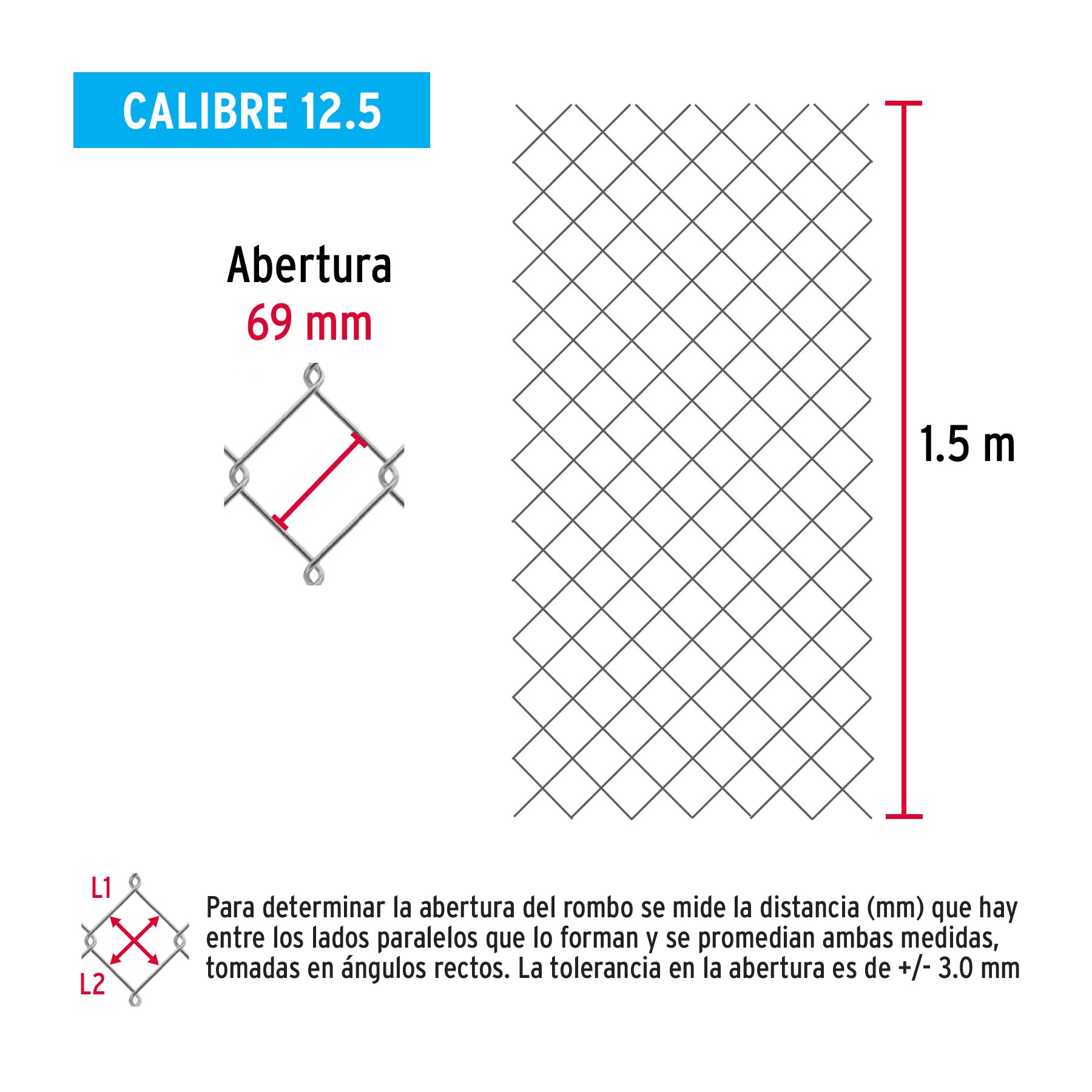 Rollo malla ciclónica cal.12.5, 1.5x20m, abertura 69mm 31kg