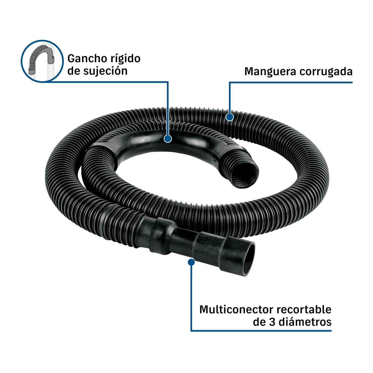 Manguera reforzada con multiconector, desagüe lavadora, 1.5m