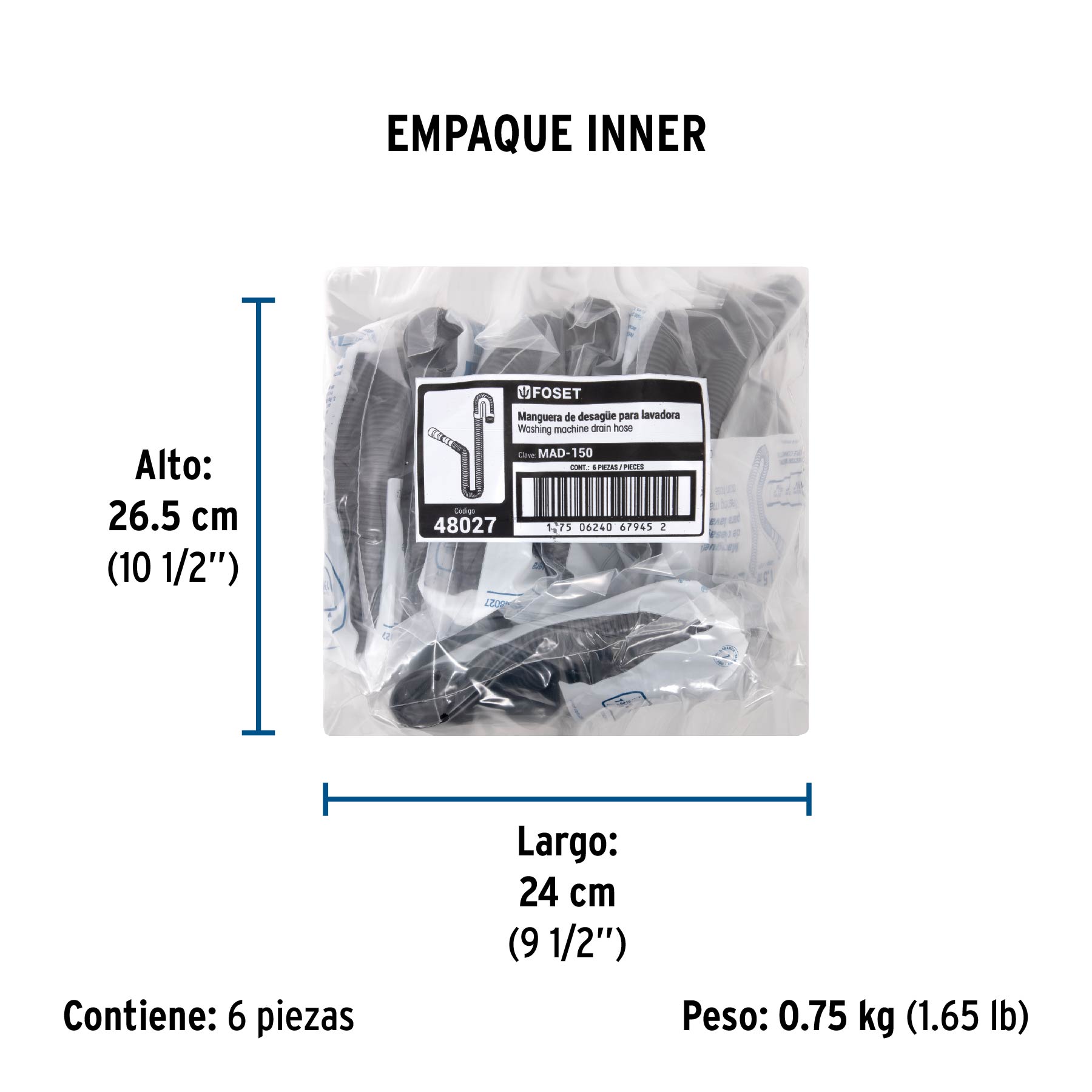 Manguera con multiconector, desagüe lavadora, 1.5 m, FOSET - Empaque