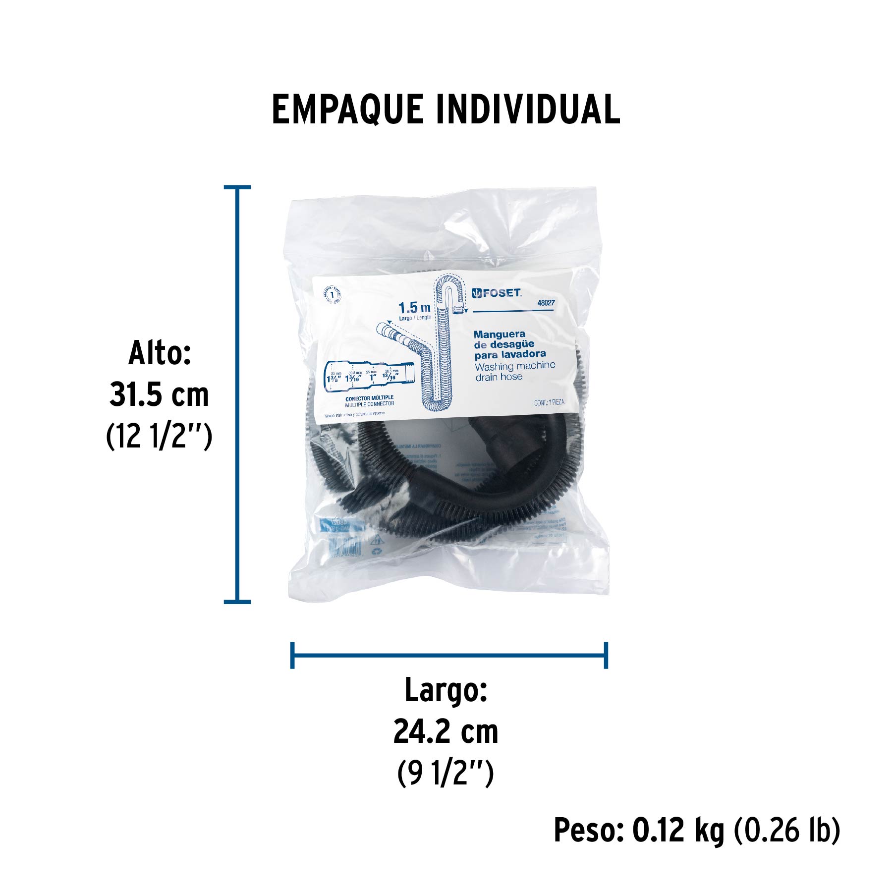 Manguera con multiconector, desagüe lavadora, 1.5 m, FOSET - Empaque