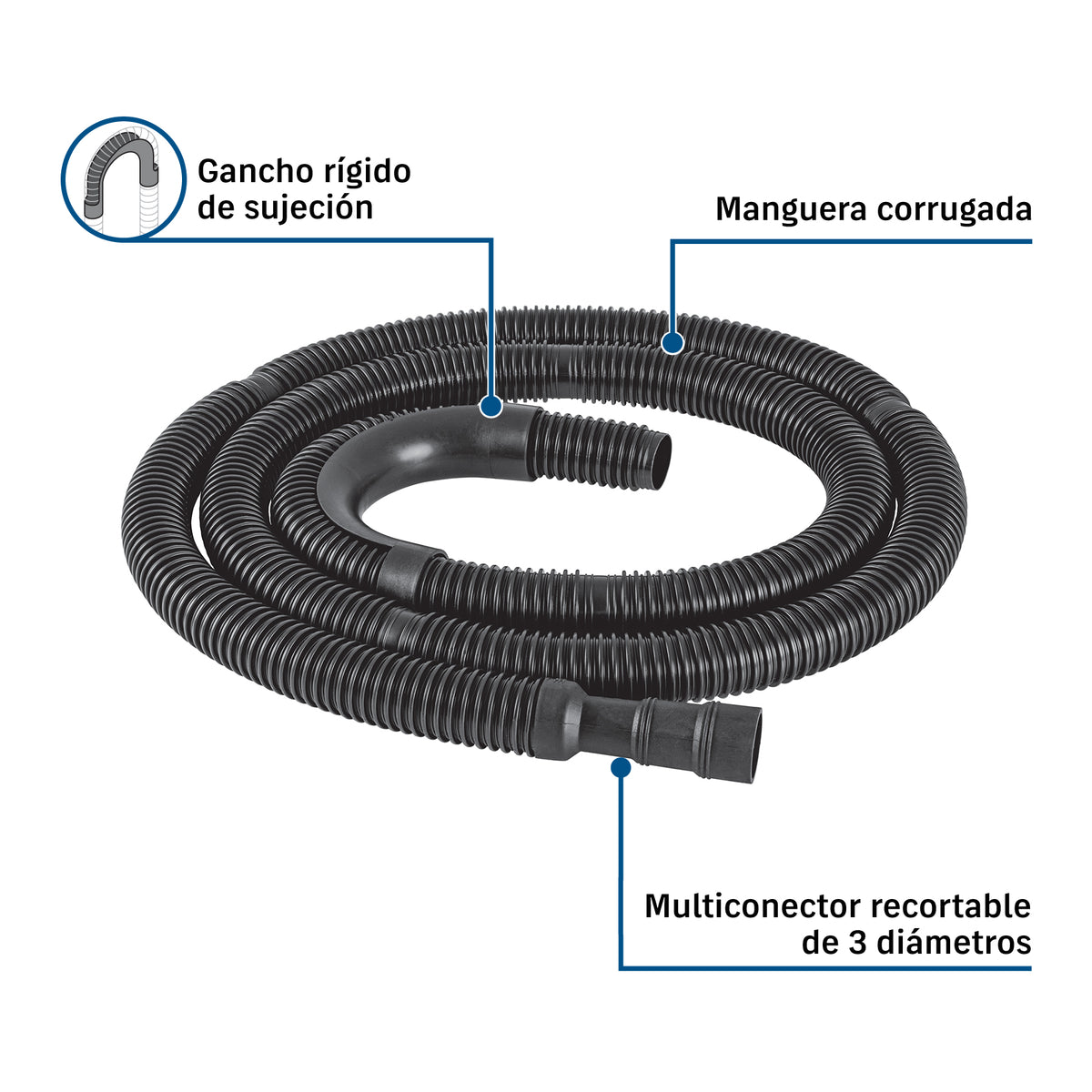 Manguera reforzada con multiconector, desagüe lavadora, 3 m