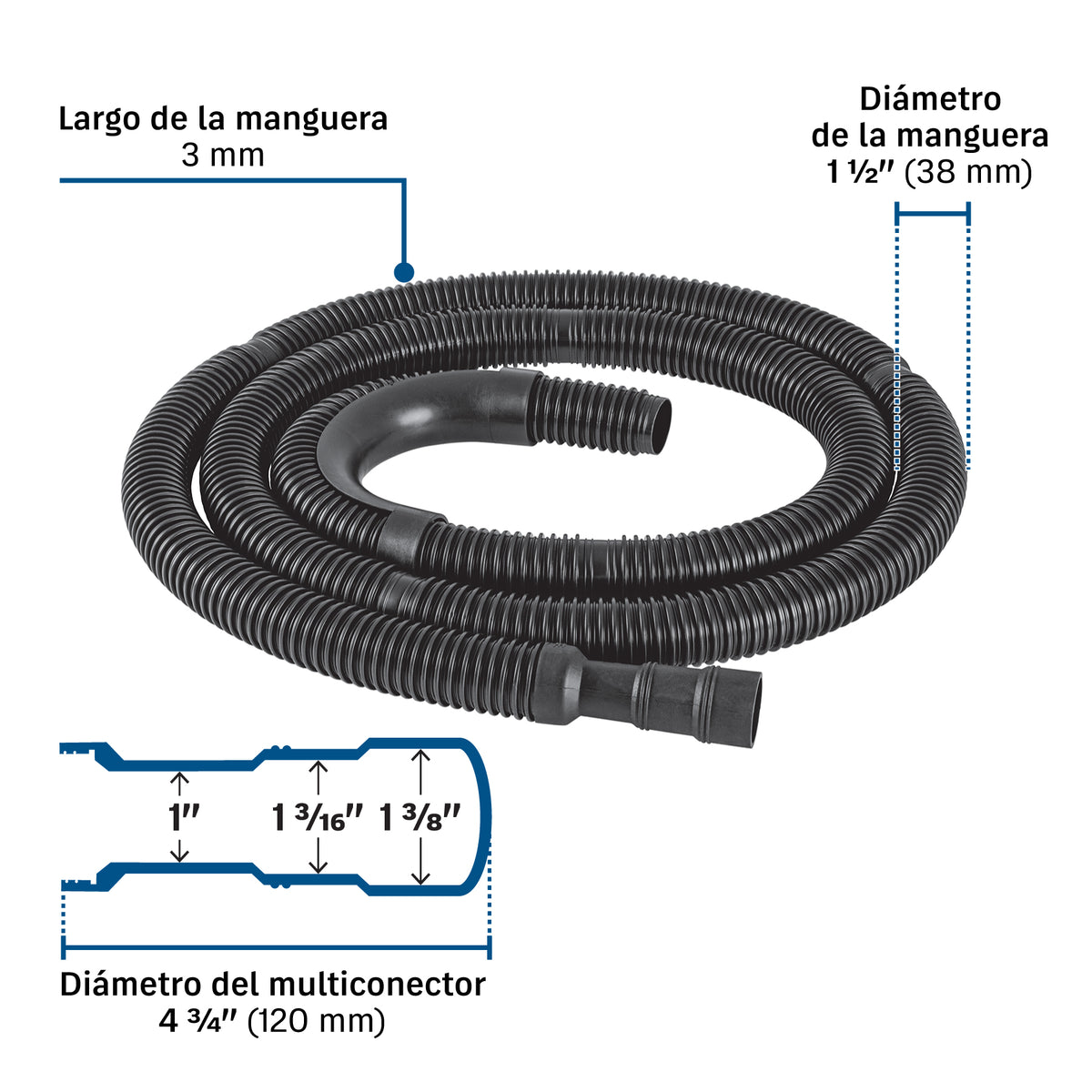 Manguera reforzada con multiconector, desagüe lavadora, 3 m